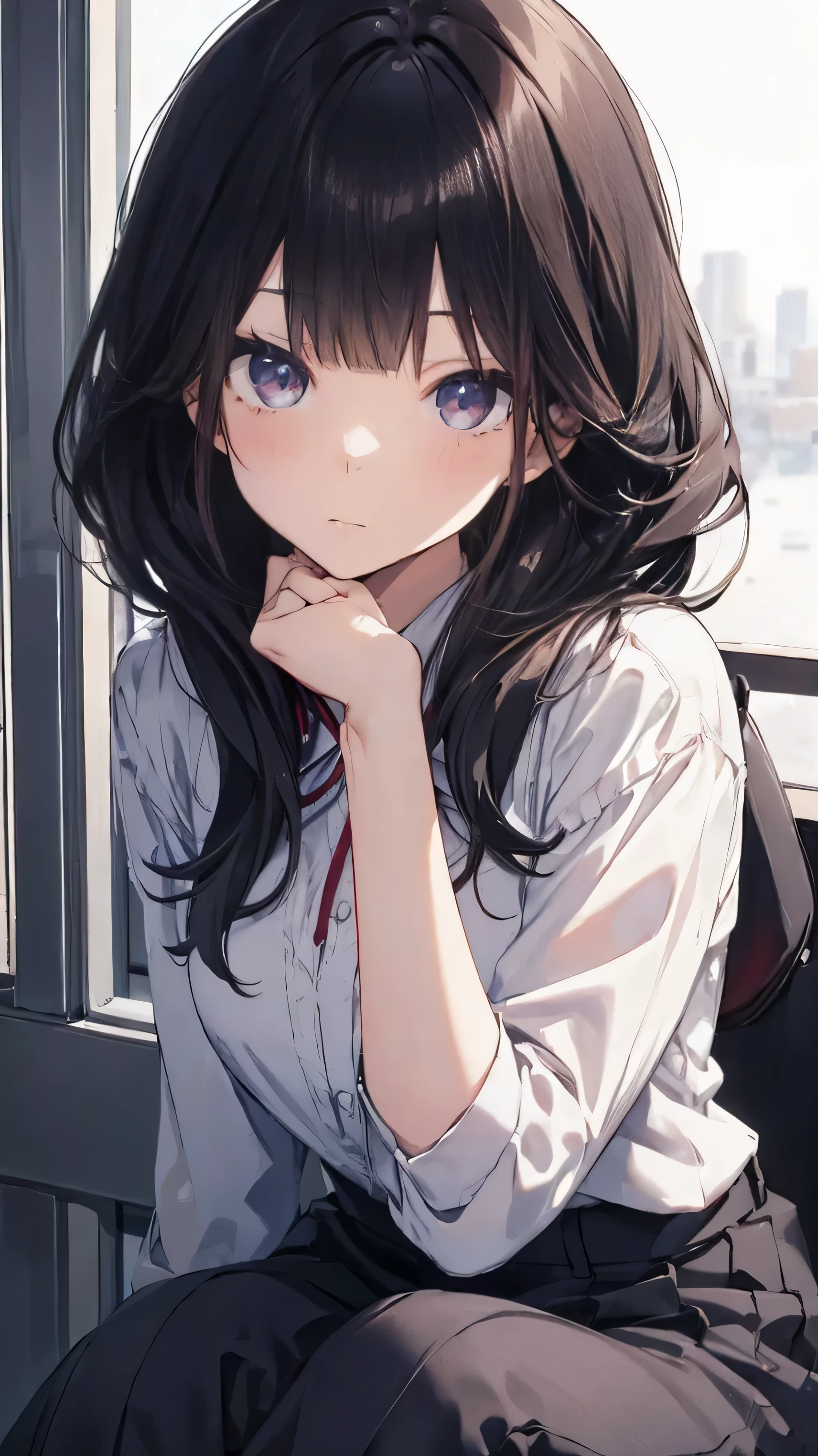 Masterpiece、Highest quality、highest quality、Black Hair、(((Lori)))、 ((Petite))、Shiny hair quality、Small face、Sitting、Super detailed, beautiful, wide eyes、Ultra-detailed, clear and beautiful faces、(cute illustration:1.2), High-resolution, ultra-detailed, best quality, embarrassed