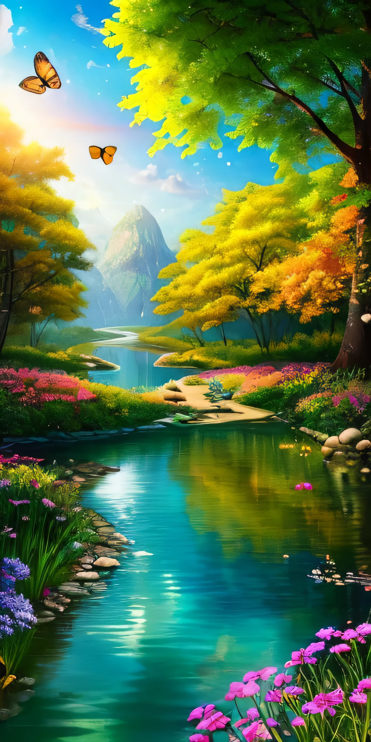 masterpiece, 最high quality, high quality, Very detailed CG unity 8k wallpaper, With vibrant colors and bright skies、an extremely colorful and pure fantasy environment, Bright green grass landscape, colorful trees々, Shining Fruit, Bright blue flowers. The stream is a deep blue color, The air is filled with sweet exotic scents. The environment looks like something out of a dream, Glowing butterflies and giant colorful birds fly around, Award-winning photography, Bokeh, Depth of written boundary, High resolution, bloom, chromatic aberration ,Realistic,Very detailed, Trending on Artstation, Trending on CGSociety, Complex, Attention to detail, dramatic, art：mid journey