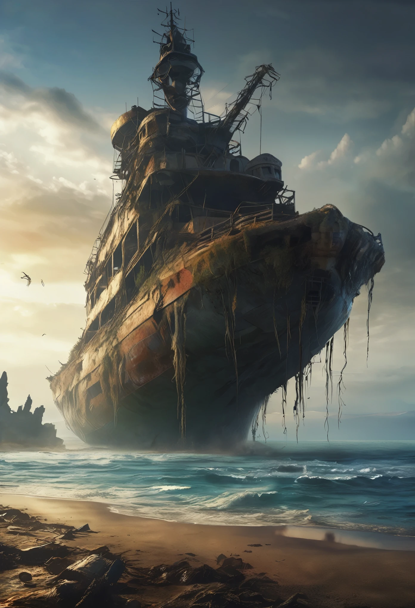 (best quality,4k,highres,masterpiece:1.2),ultra-detailed,realistic,post-apocalyptic:1.37,deserted ocean,coral,shells,whale bones,end of the world,lifeless,no oxygen,nuclear radiation disaster,dry seabed,dark atmosphere,surreal,twisted rock formations,sunken ships,fading sunlight,bleak horizon,dust-covered remnants,uninhabitable landscape,ominous silence,decay,desolation,ruins,wreckage,dilapidated structures,unforgiving environment,hopelessness,desperate search for signs of life,mysterious depths,emptiness,cataclysmic event,sunken cities,marine fossils,ghostly remnants,lack of marine life,severely depleted ecosystem,desperate struggle for survival in a harsh world,barren wasteland,cursed sea,lost treasures,haunting beauty,devastation,nostalgic remnants,unsettling stillness,unseen horrors,ominous presence,deserted shores,unseen terrors below the surface.