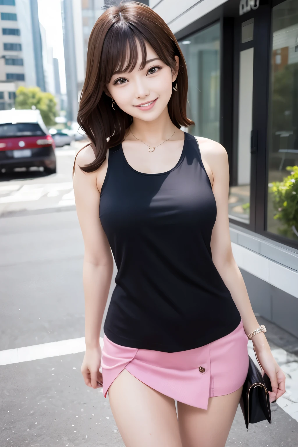 Girls and girls, office ladies, career women, tank tops, miniskirt, panties, light smiles, outdoors, business district,