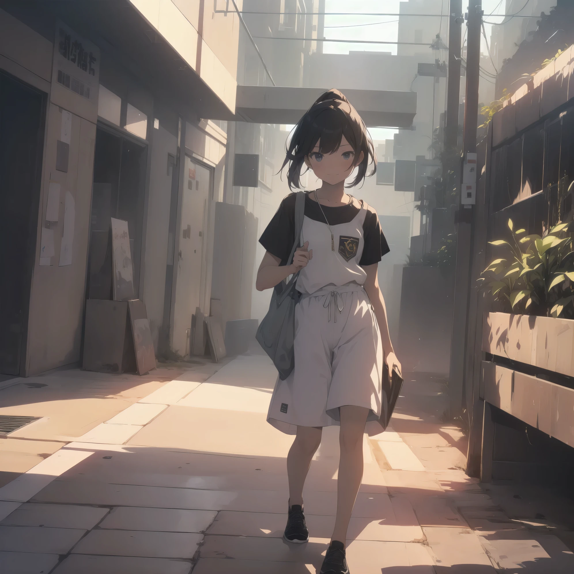 ultra-absurdres-Top quality by artist God, ultra-detailed, high resolution, anime moe artstyle, best anime 8k konachan wallpaper, pixiv contest winner,pool:2810, perfect anatomy,break, 1girl, (Please draw a tomboy walking light smile to home alone. )break,(Solo,little female, 13-year-old:1.3),Full limbs, complete fingers, (very short hair), ponytail, flat chest, , small butt, small black eyes, beautiful detailed eyes, well-proportioned iris and pupils, expressive eyes, highres detailed hair, soft expression, school_gym uniform, official_alternate_costume, short gym shorts,(Detailed Lighting), (Detailed background), in the School commute route. break,super detailed skin, Best cinematic lighting powered by famous artist, 8k,beauty illustration,photoshop_(medium),very aesthetic,break,((artist:ido_(teketeke))), artist:akinashi yuu ,artist:oyari ashito ,artist:kantoku ,