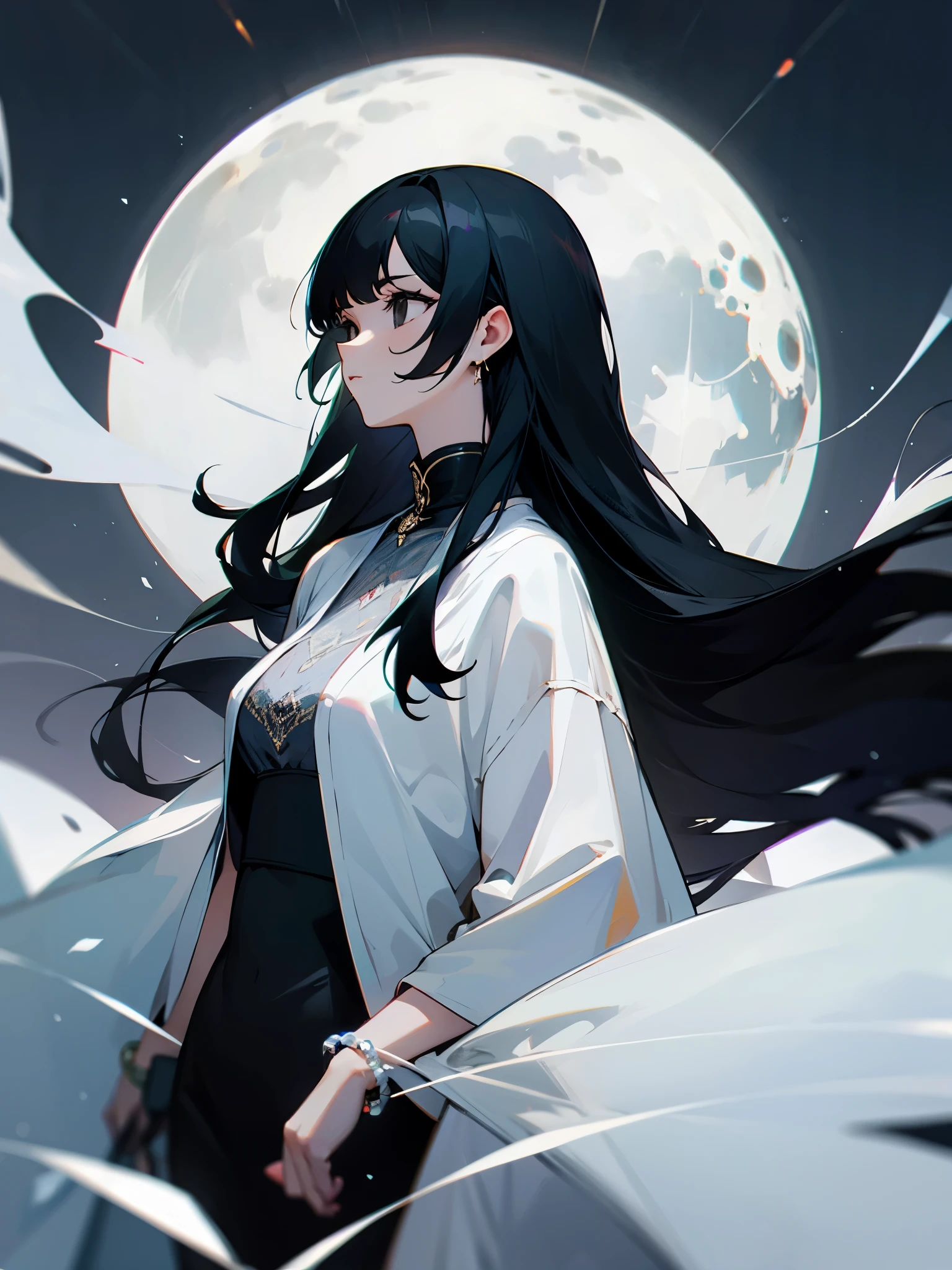 Tall woman, long black hair, black eyes, stylish modern clothes, full moon background, ultra detailed
