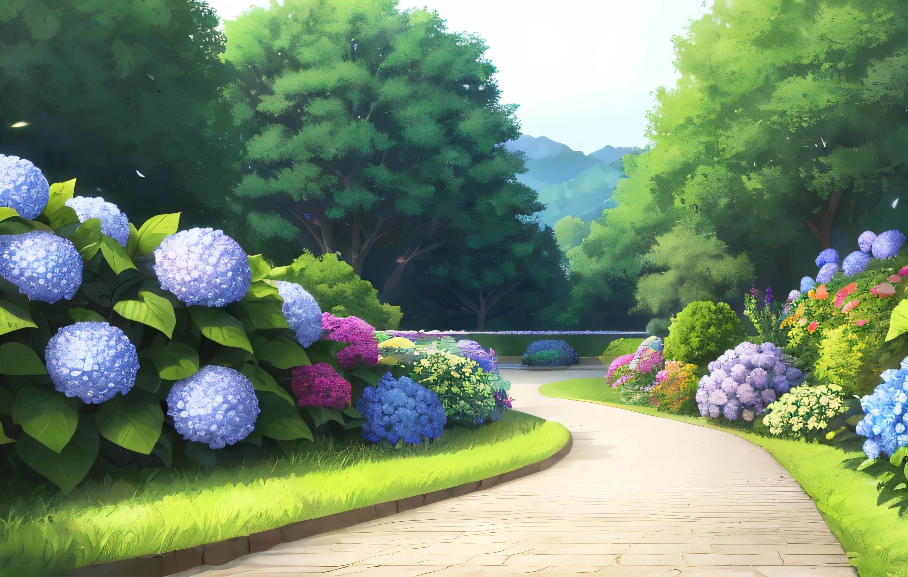 Flat Design, Flat Illustration, Vector illustration, Illustrations created with Adobe Illustrator, (A serene June landscape, Characterized by the abundant beauty of blooming hydrangeas. In the foreground, A path through a vibrant garden filled with colorful hydrangea flowers. The large colonies create a fascinating sight., grab the audience's attention. The garden is surrounded by lush greenery, Tall Tree々provides tranquility and shade.. In the distance, The rolling hills stretch out to the horizon, Create an atmosphere of peace and serenity.) beautiful, Smooth lines and sharp shapes. Simple design and minimalist style, Present elements effectively while eliminating unnecessary details, Bright and vibrant colors, Avoid gradients and shadows, Prefer uniform color fills and flat tones, Vector lines and shapes are smooth and crisp,