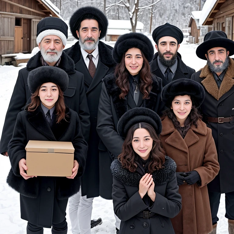 group of beautiful Jewish men dressed in black fur coats and boxes on their heads, and women with loose hair, in a Jewish village. focus on the characters.