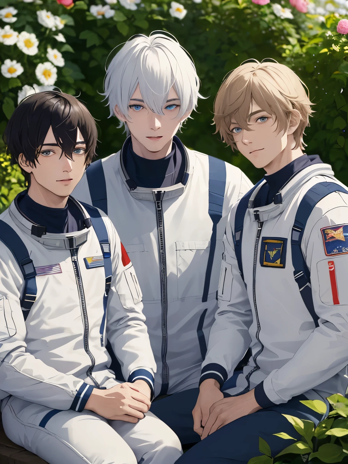3 men, wearing astronaut uniforms, 30 years old, different hairstyles, different hair colors, different hair styles, different eye colors, ultra detail, ultra HD, garden background