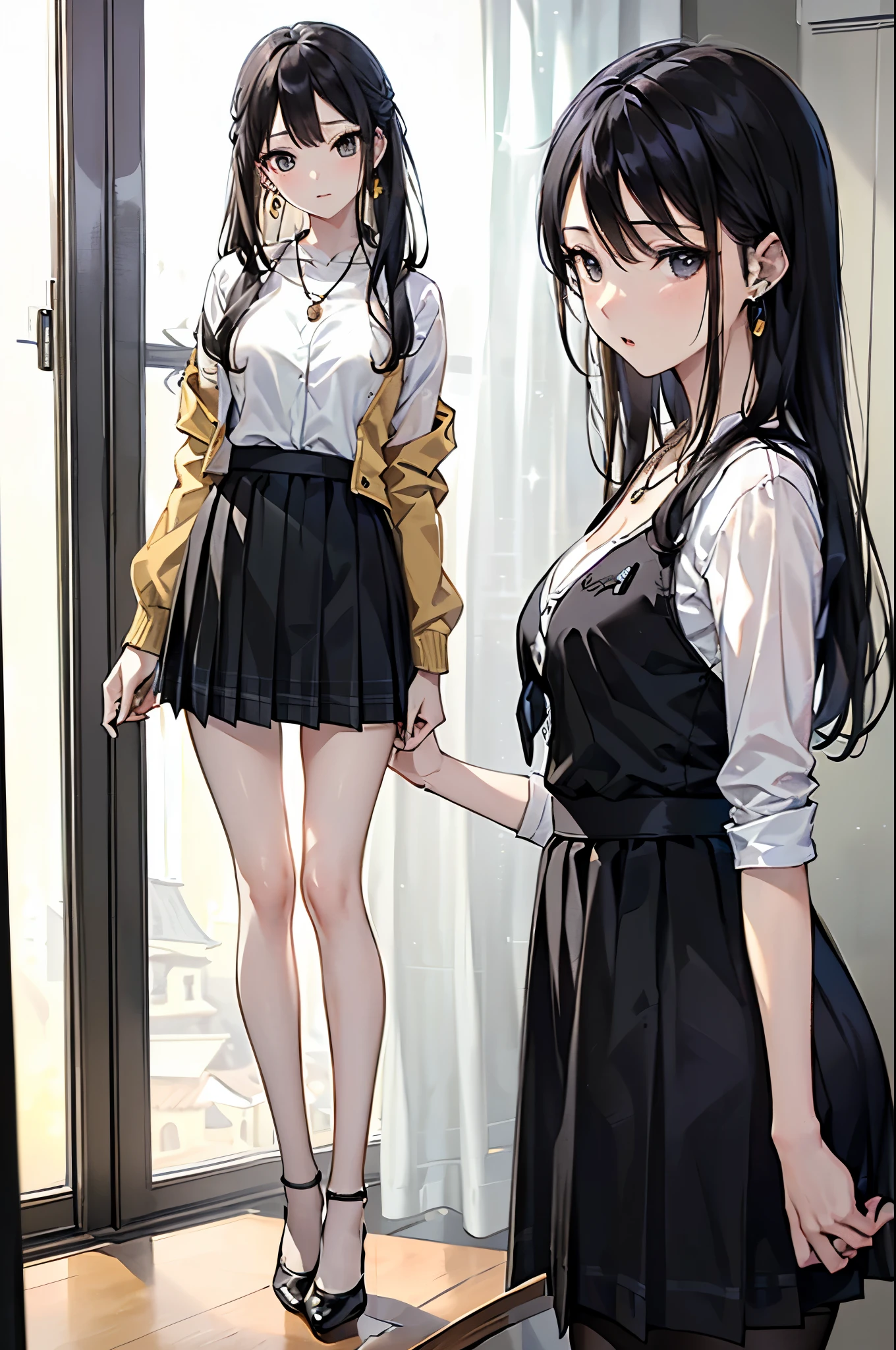 ((Biologically correct number of limbs))、(( Photo with face included))、4K、((Standing posture))、Masterpiece、((focus on the face))、((Symmetrical facial features))、Eyes with detailed description、Beautiful woman、Outstanding style、Beautiful clavicle、Beautiful legs、Beautiful Hands、Slender Body、(stockings、High heels)、Detailed depiction of faces、Small earrings、necklace、(Jacket、shirt、(Checked skirt))、profile、tie、Holiday theme park、(((White oak)))、Droopy eyes、Photographed from diagonally in front、(((Black and White)))、(((Pencil Illustration)))、