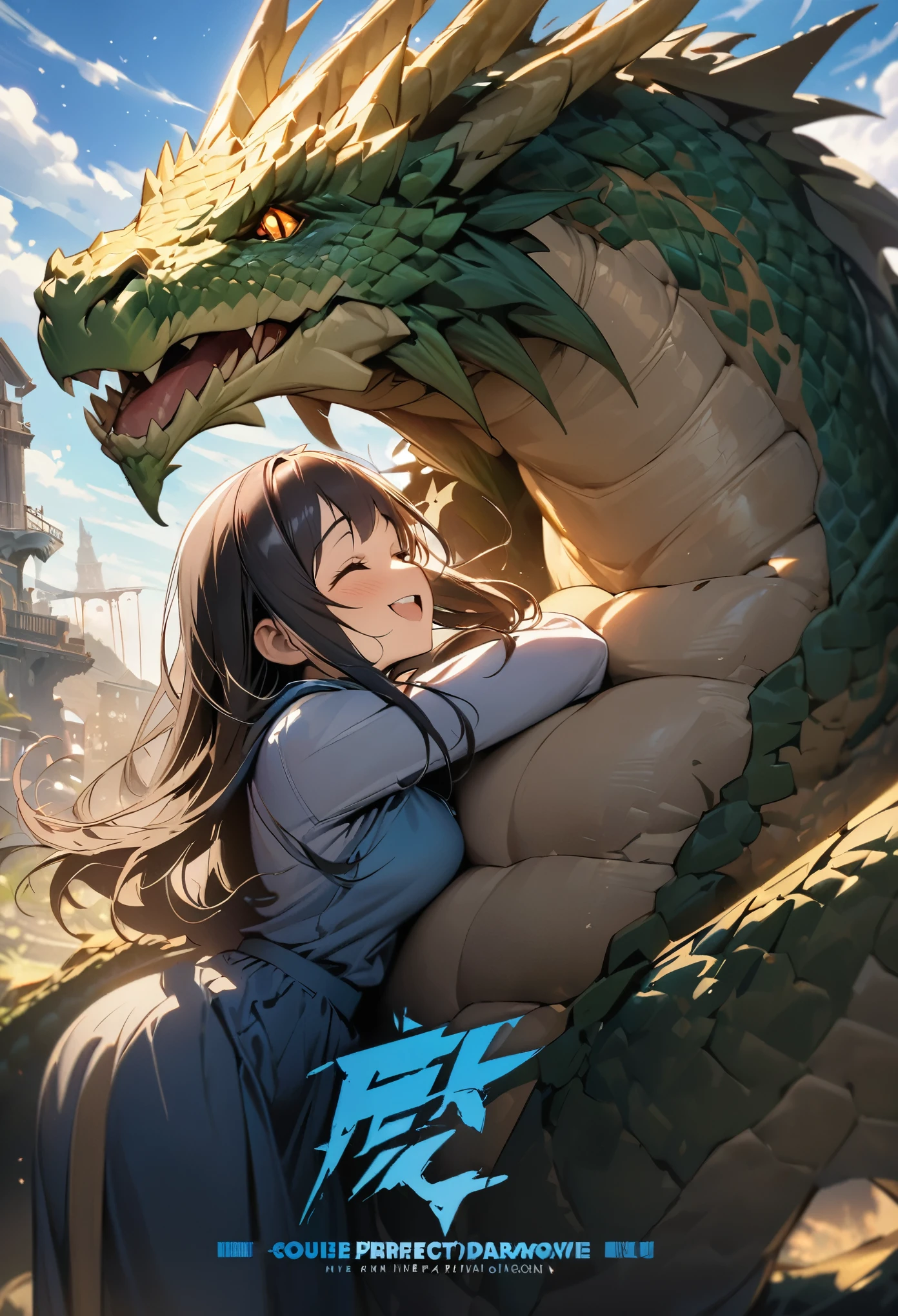 movie poster, highres, top quality, best quality, paid reward available, unparalleled masterpiece, perfect artwork, absurdres, High-quality illustrations, super high resolution, detailed background, perfect anatomy(1girl, large gragon, Hugs each other)((movie of a Dragon and human girl))blue sky, smile, smile, happy, joyful, cinematic lighting, title logo,