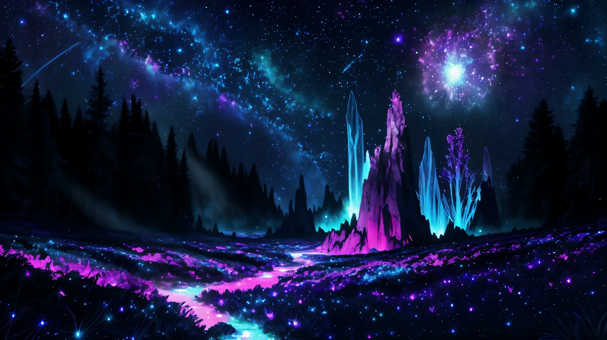 Colorful bioluminescence plants in forest, crystals and glowing path, fireflies, Pandora planet at night, blue and pink glow, epic landscape in background, hazy planet in the sky, galaxy and stars in the sky, rim light, volumetric light, colorful, contrast, breathtaking, scattered mist, night, ultra high definition computer render, unreal engine, ISO 0,