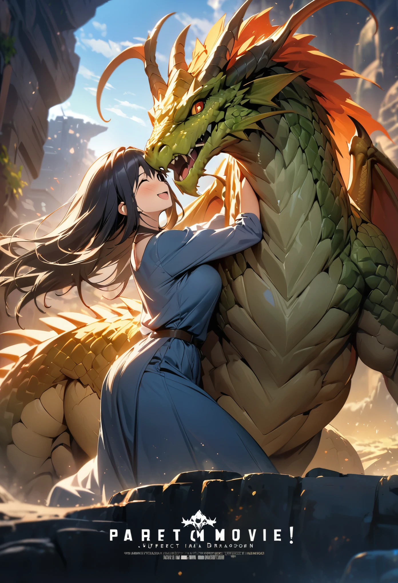 movie poster, highres, top quality, best quality, paid reward available, unparalleled masterpiece, perfect artwork, absurdres, High-quality illustrations, super high resolution, detailed background, perfect anatomy(1girl, large gragon, Hugs each other)((movie of a Dragon and human girl))blue sky, smile, smile, happy, joyful, cinematic lighting, title logo,