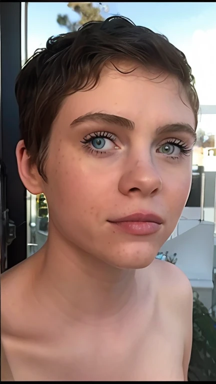 ((high resolution)), athletic, defined muscles, ((pale skin)), freckled, brunette , with blue eyes, curly pixie haircut, ((large breasts)), cumfacial55, cum on face, cumshot