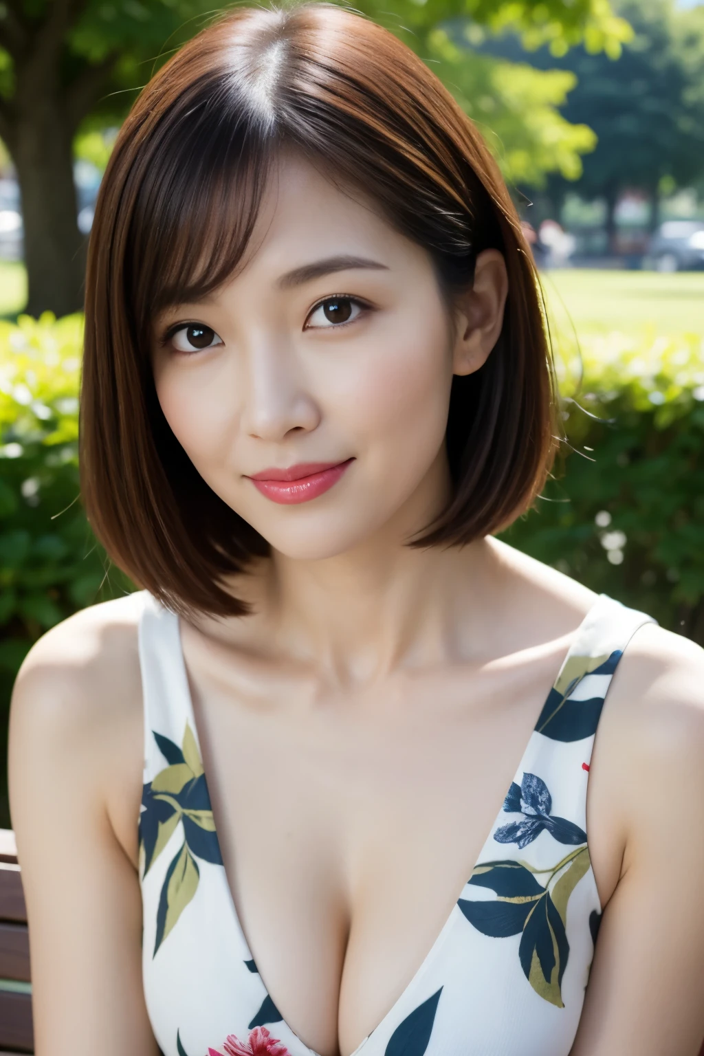 highest quality, masterpiece, High resolution, Photorealistic, RAW Photos, 8k wallpaper, perfection, ((One beautiful woman)), 40 years old, Sexy Woman, ((Gorgeous printed dress)), Cleavage, Upper Body, ((View your viewers)), Detailed face, Beautiful Eyes, ((Look forward)), (Sit upright without leaning forward), sitting on a park bench, Thighs, bangs, Shapely breasts, Straight hair, Short Bob Hair, Plump and glossy lips