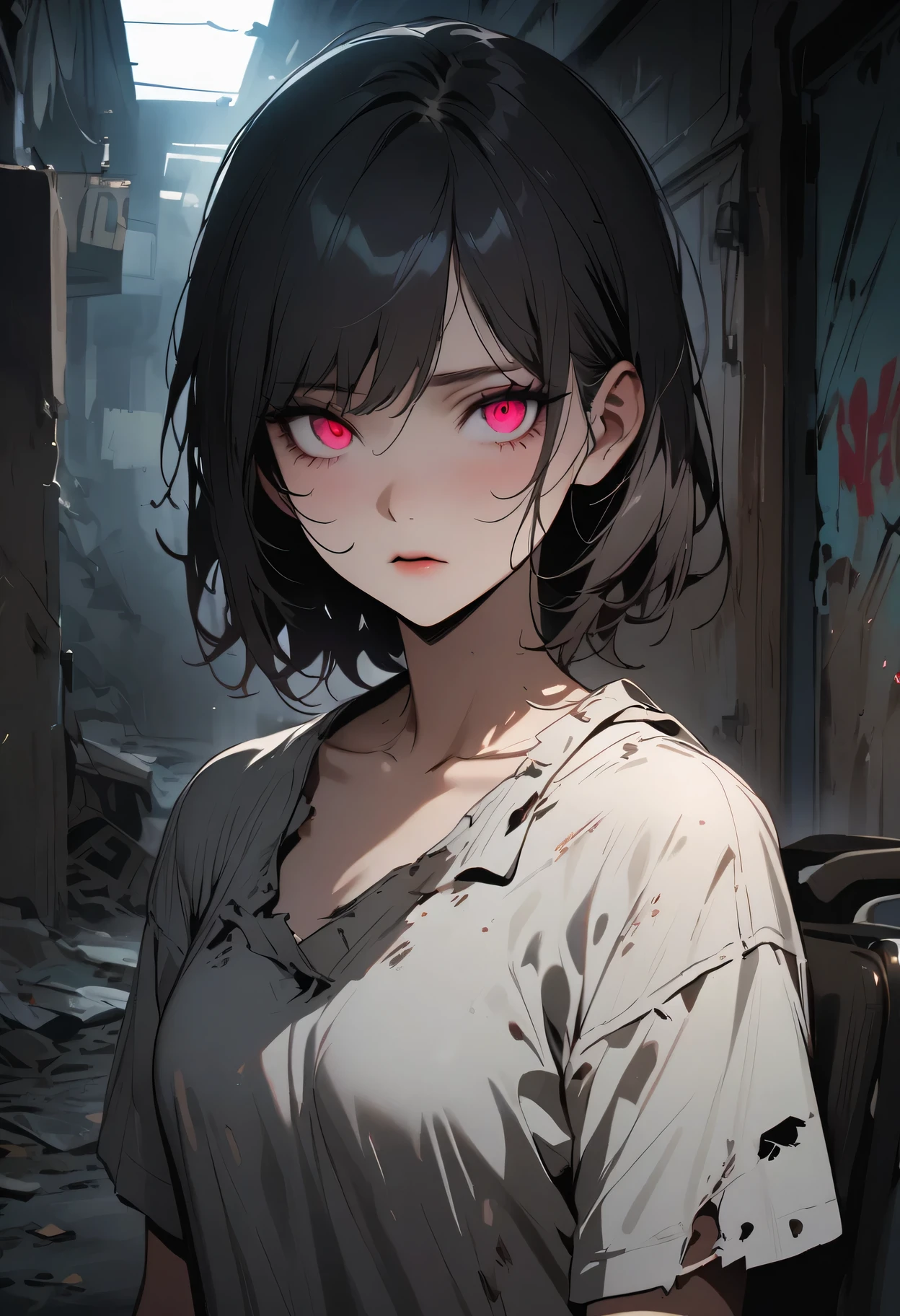 dark - comic-style:post-apocalyptic wasteland,desolate hospital,barren landscape,dusty atmosphere,overgrown with weeds,ruined buildings,crumbling walls,A girl wearing worn-out nurse uniform who was injured,a stretcher,abandoned medical equipment,flickering dim lights,shattered windows,faint sunlight peeking through the cracks,silence interrupted by distant echoes,decaying furniture and belongings,mysterious medical experiments,hauntingly beautiful,empty corridors and hallways,dirty bandages,makeshift bandages,muted colors,ominous clouds in the sky,ruined cityscape in the background,hope in her eyes,scattered papers and documents,decipherable symbols on the walls,evocative art style,contrast between destruction and resilience,heart-wrenching story hidden within the scene