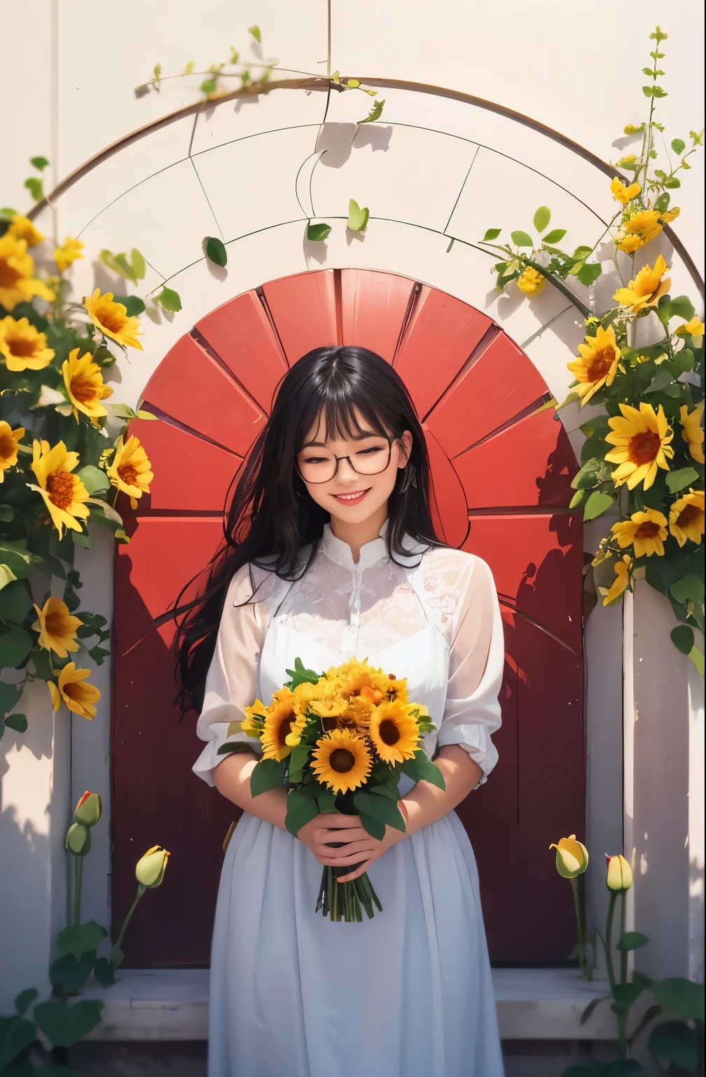 A beautiful with long black hair, wearing glasses and smiling, holding a bouquet of sunflowers and red roses. The vibrant colors of the flowers and the girl's outfit create a lively and joyful atmosphere. The image is of ultra-detailed quality, with a resolution of 8k, highres, and a touch of a masterpiece at a 1.2 level. The focus of the image is cinematic, capturing the girl's expression and the flowers in sharp detail. The girl's eyes are closed, adding a sense of tranquility and contentment.