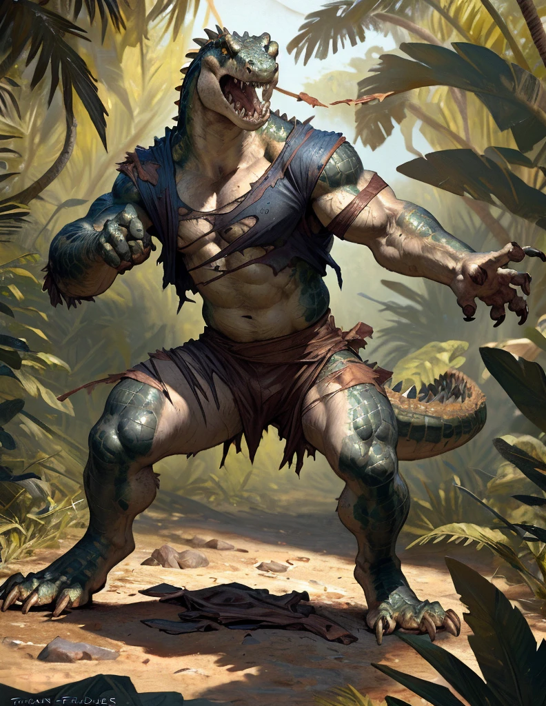 Duo, male transforming into anthro alligators, by taran fiddler, solo, jungle, , expressive, dynamic, attractive, power stance, torn roman clothes, pain