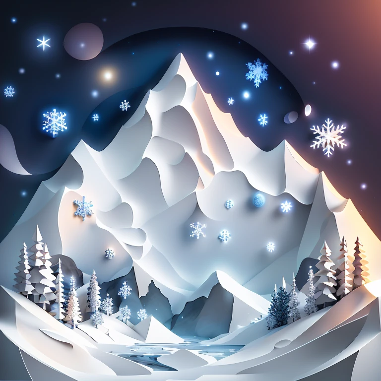 In the heart of a majestic mountain range, bathed in the soft, ethereal glow of high resolution, lies a breathtaking scene of nature in winter's grasp. Snow, pure and untouched, blankets the landscape like a pristine white quilt. The mountains stand tall and proud, their peaks dusted with frost, as they watch over the serene valley below. The crisp, cool air crackles with dynamic energy, bringing the scene to life with every gust of wind. Each snowflake sparkles with a million tiny facets, reflecting the sunlight in a breathtaking dance of light and shadow. This serene winter wonderland, in all its high resolution glory,