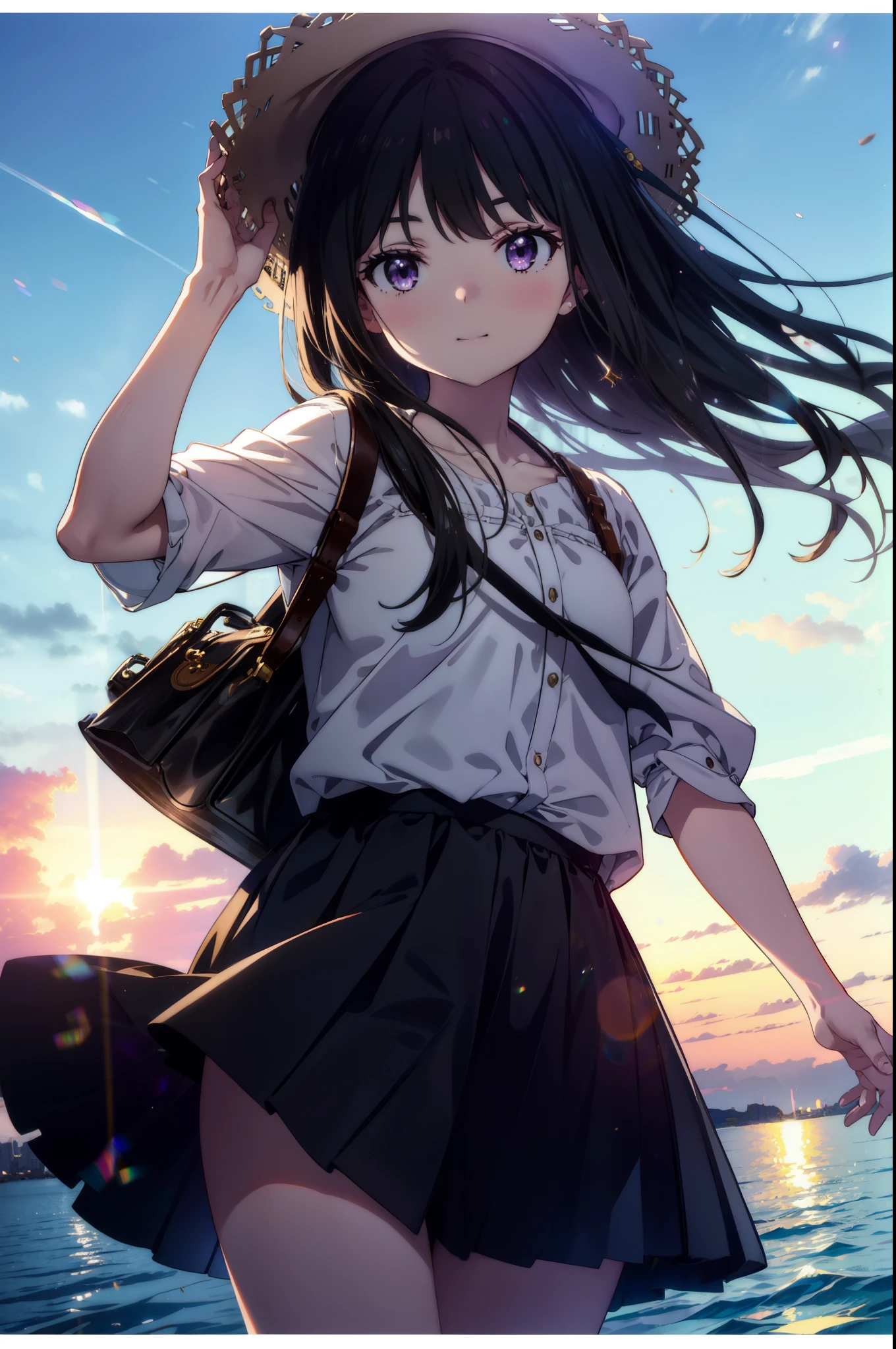 Takiuchi, Inoue Check, Long Hair, bangs, Black Hair, (Purple eyes:1.2),happy smile, smile, Open your mouth,smile,blush,Blue long skirt one-piece dress,No sleeve,Bare arms,Rocket Pendant,Cute Sandals,White hat,True Summer,Clear skies,So that the whole body goes into the illustration,
break outdoors, Coastal Road,City Street,
break looking at viewer, (Cowboy Shot:1.5),
break (masterpiece:1.2), highest quality, High resolution, unity 8k wallpaper, (figure:0.8), (Beautiful fine details:1.6), Highly detailed face, Perfect lighting, Highly detailed CG, (Perfect hands, Perfect Anatomy),