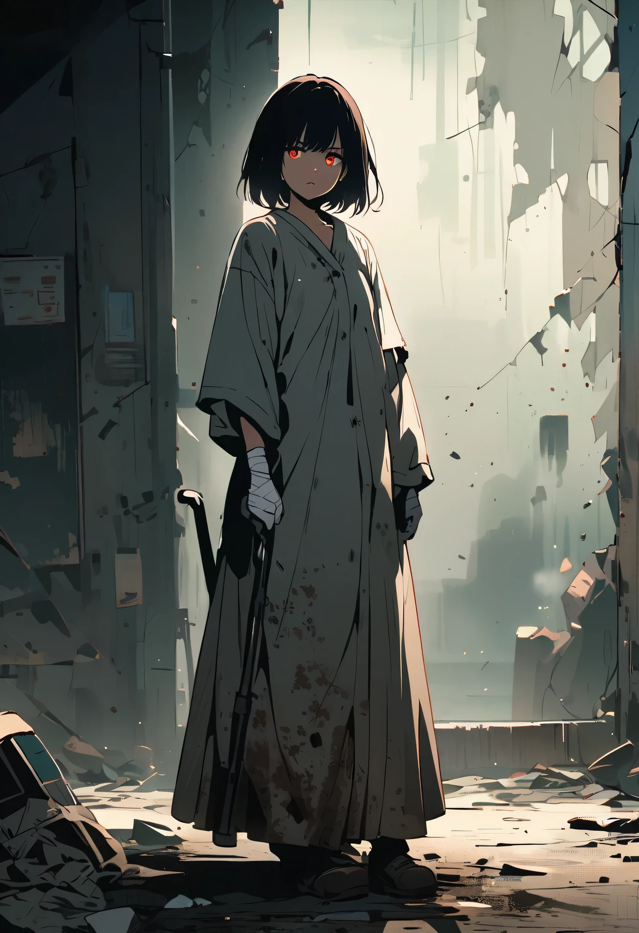 dark - comic-style:post-apocalyptic wasteland,desolate hospital,barren landscape,dusty atmosphere,overgrown with weeds,ruined buildings,crumbling walls,A girl wearing worn-out nurse uniform who was injured,a stretcher,abandoned medical equipment,flickering dim lights,shattered windows,faint sunlight peeking through the cracks,silence interrupted by distant echoes,decaying furniture and belongings,mysterious medical experiments,hauntingly beautiful,empty corridors and hallways,dirty bandages,makeshift bandages,muted colors,ominous clouds in the sky,ruined cityscape in the background,hope in her eyes,scattered papers and documents,decipherable symbols on the walls,evocative art style,contrast between destruction and resilience,heart-wrenching story hidden within the scene