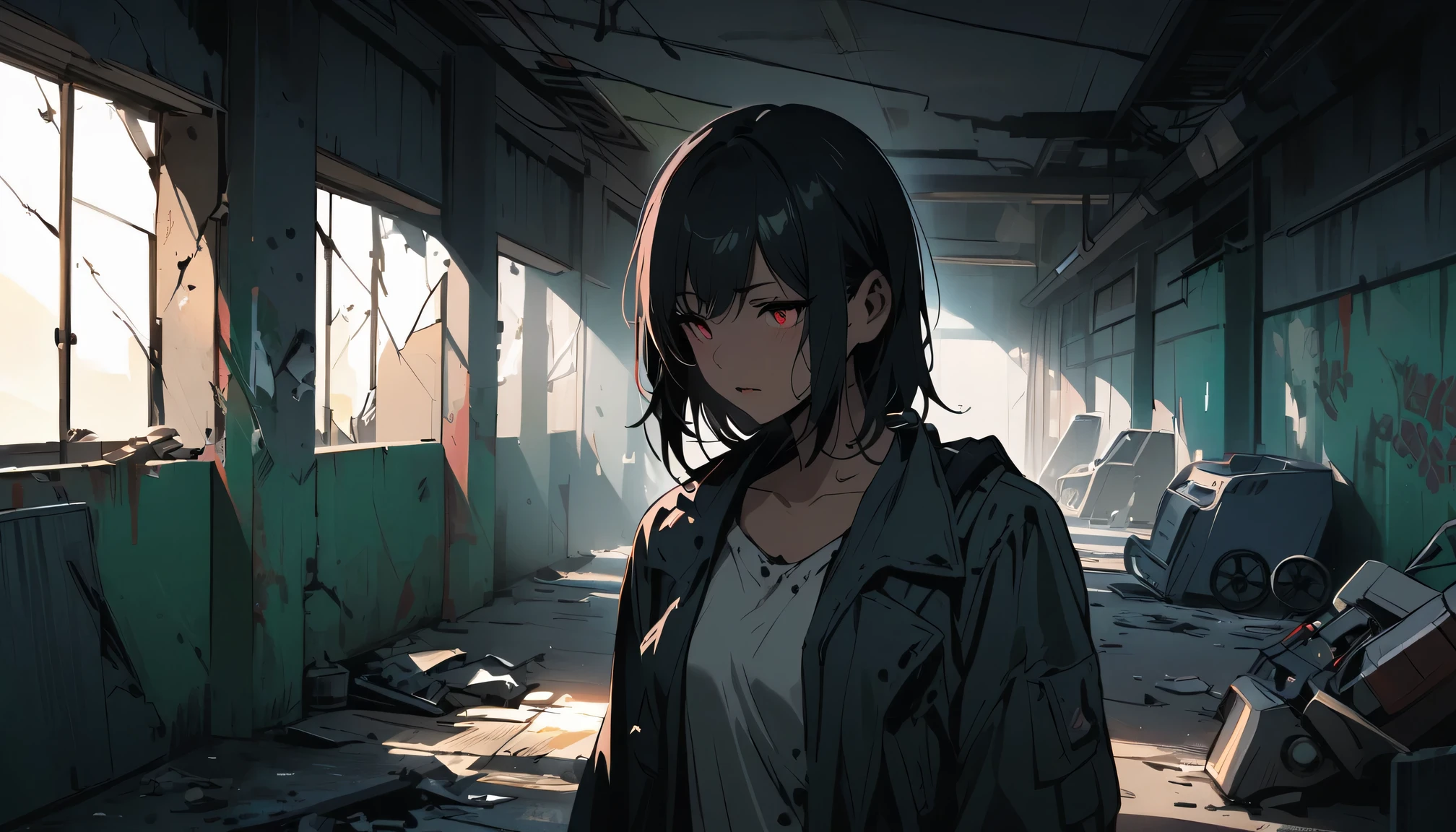 dark - comic-style:post-apocalyptic wasteland,desolate hospital,barren landscape,dusty atmosphere,overgrown with weeds,ruined buildings,crumbling walls,A girl wearing worn-out nurse uniform who was injured,a stretcher,abandoned medical equipment,flickering dim lights,shattered windows,faint sunlight peeking through the cracks,silence interrupted by distant echoes,decaying furniture and belongings,mysterious medical experiments,hauntingly beautiful,empty corridors and hallways,dirty bandages,makeshift bandages,muted colors,ominous clouds in the sky,ruined cityscape in the background,hope in her eyes,scattered papers and documents,decipherable symbols on the walls,evocative art style,contrast between destruction and resilience,heart-wrenching story hidden within the scene