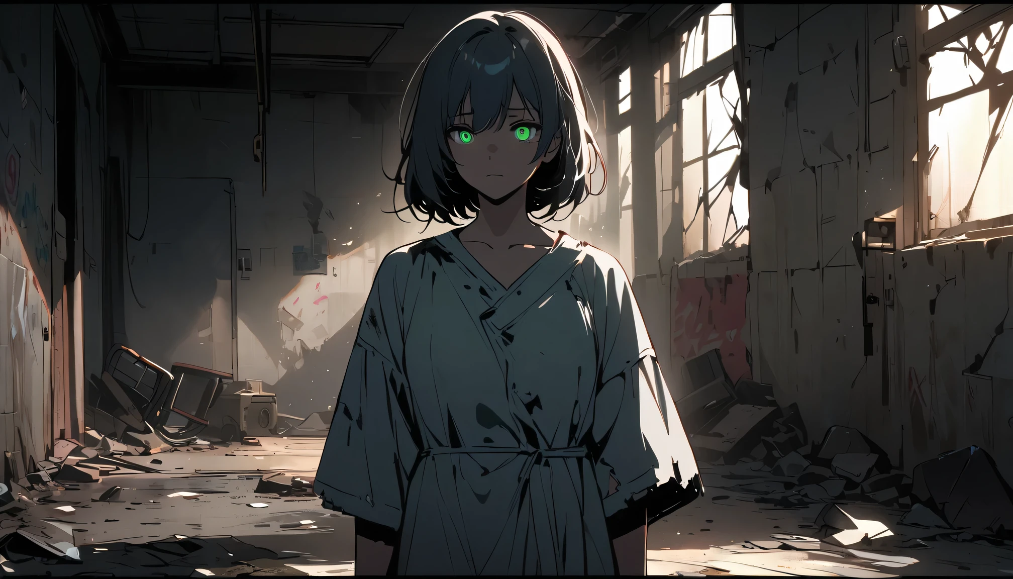 dark - comic-style:post-apocalyptic wasteland,desolate hospital,barren landscape,dusty atmosphere,overgrown with weeds,ruined buildings,crumbling walls,A girl wearing worn-out nurse uniform who was injured,a stretcher,abandoned medical equipment,flickering dim lights,shattered windows,faint sunlight peeking through the cracks,silence interrupted by distant echoes,decaying furniture and belongings,mysterious medical experiments,hauntingly beautiful,empty corridors and hallways,dirty bandages,makeshift bandages,muted colors,ominous clouds in the sky,ruined cityscape in the background,hope in her eyes,scattered papers and documents,decipherable symbols on the walls,evocative art style,contrast between destruction and resilience,heart-wrenching story hidden within the scene