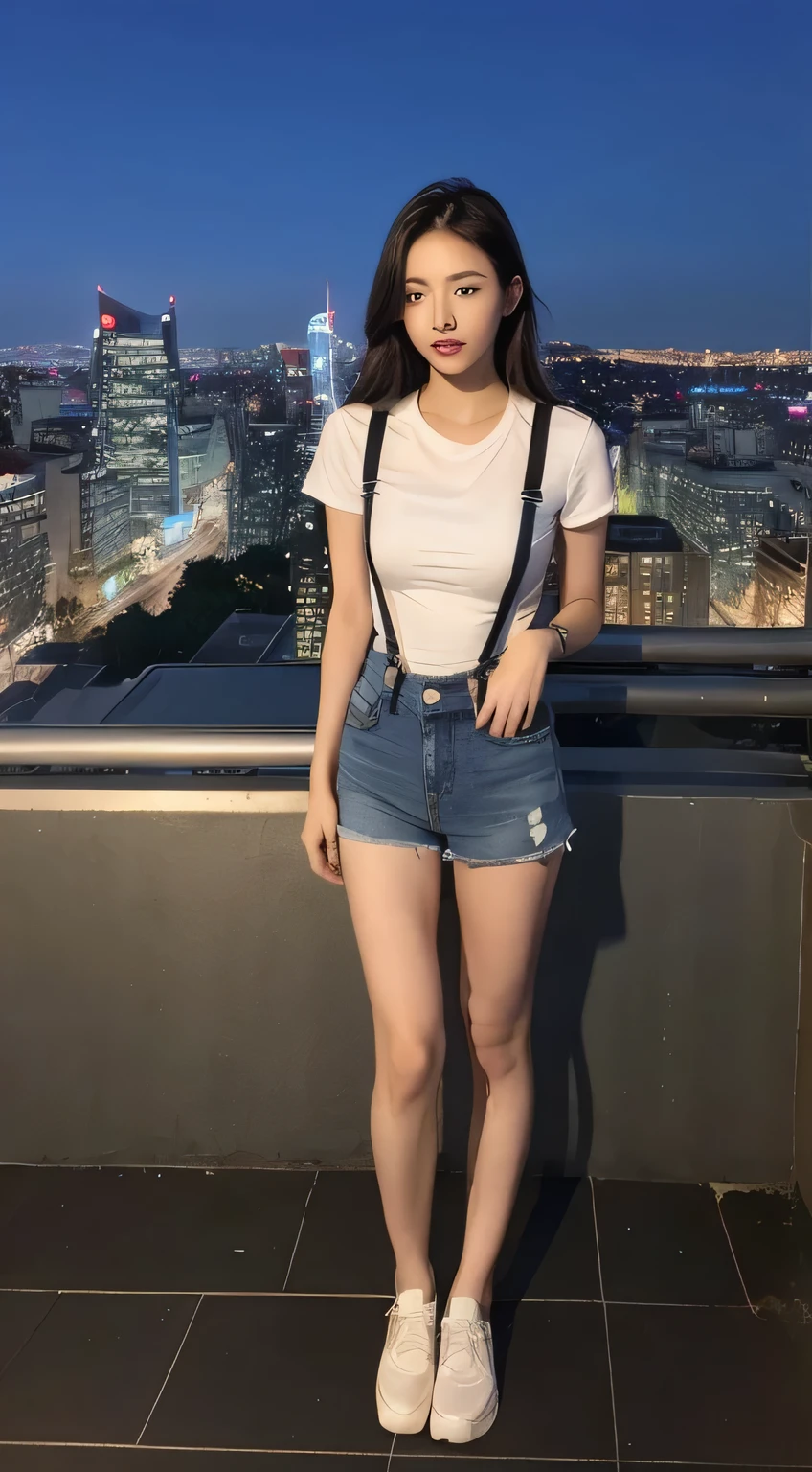 ((Midnight, Acura, 8K, Masterpiece: 1.3)), Full body, Long legs, Focal length: 1.2, Perfect Body Beauty: 1.4, Slim Abs: 1.1, ((Dark Brown Hair, Chest: 1.1)), (White Skinny T-shirt, denim suspenders, Standing: 1.2), ((City Night View, Roof: 1.3)), Highly detailed face and skin texture, Fine eyes, Double eyelids