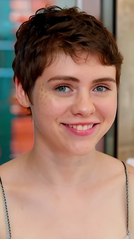,sin ropa, pelo corto, pecas, muy delgada, delgada, cuero entero, agachado,sin pecho, pezones gordos, desnuda,aureola grande y rosa,sonrisa