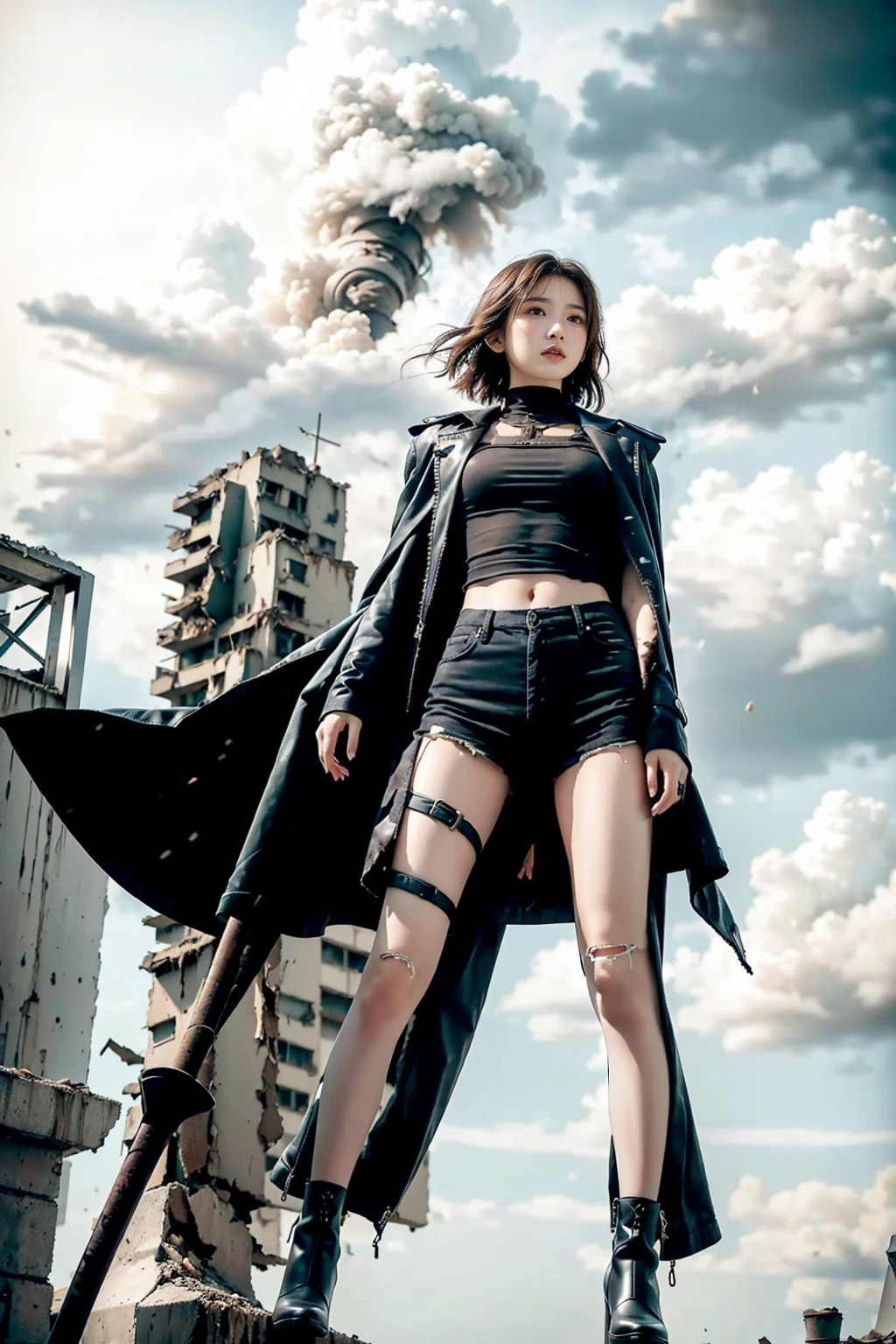 Brown short hair girl、A structure piercing the sky in the distance、anime art wallpaper 8k, 16k、(Disparity society)、((One of his arms is made of machinery))、Black long boots、((A ruined world))、Destroyed City、(a girl standing at the rooftop of a building)、Clothes dirty with dust、Damage costume、((Black make-up on the face))、Fluttering costumes、Fluttering Hair、Exploding buildings、Dark Clouds、(Dystopia)、((Chaotic world))、Reddish long coat、(Handmade rifles)、