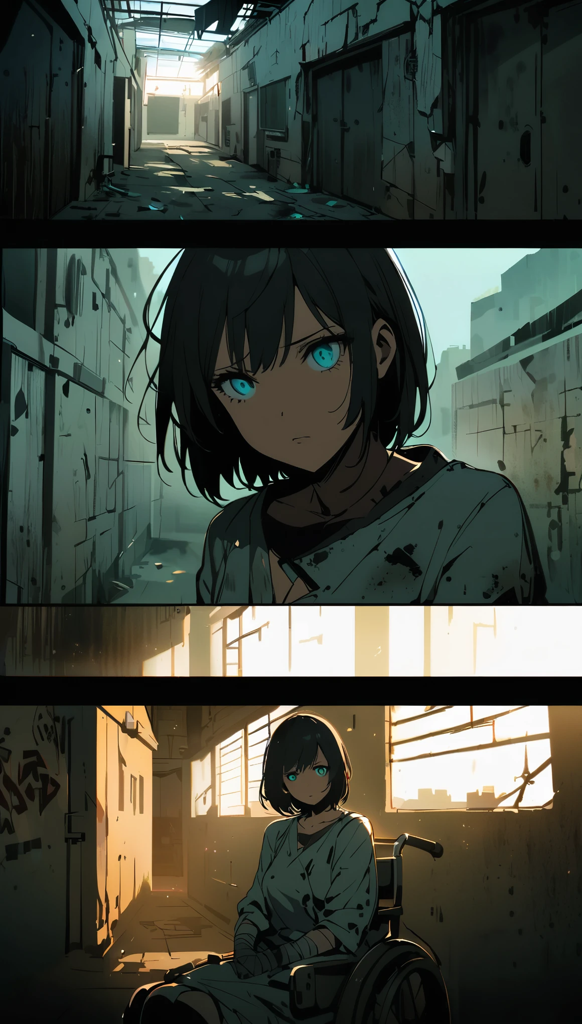 dark - comic-style:post-apocalyptic wasteland,1girl in a hospital,detailed eyes, detailed lips, intense gaze,emotionless expression, bandaged hands, torn hospital gown, dirty and worn-out environment, broken windows, flickering lights, dilapidated medical equipment, graffiti-covered walls, shattered glass,lots of shadows, dramatic lighting, desaturated colors, empty hallways, abandoned wheelchairs, eerie silence.