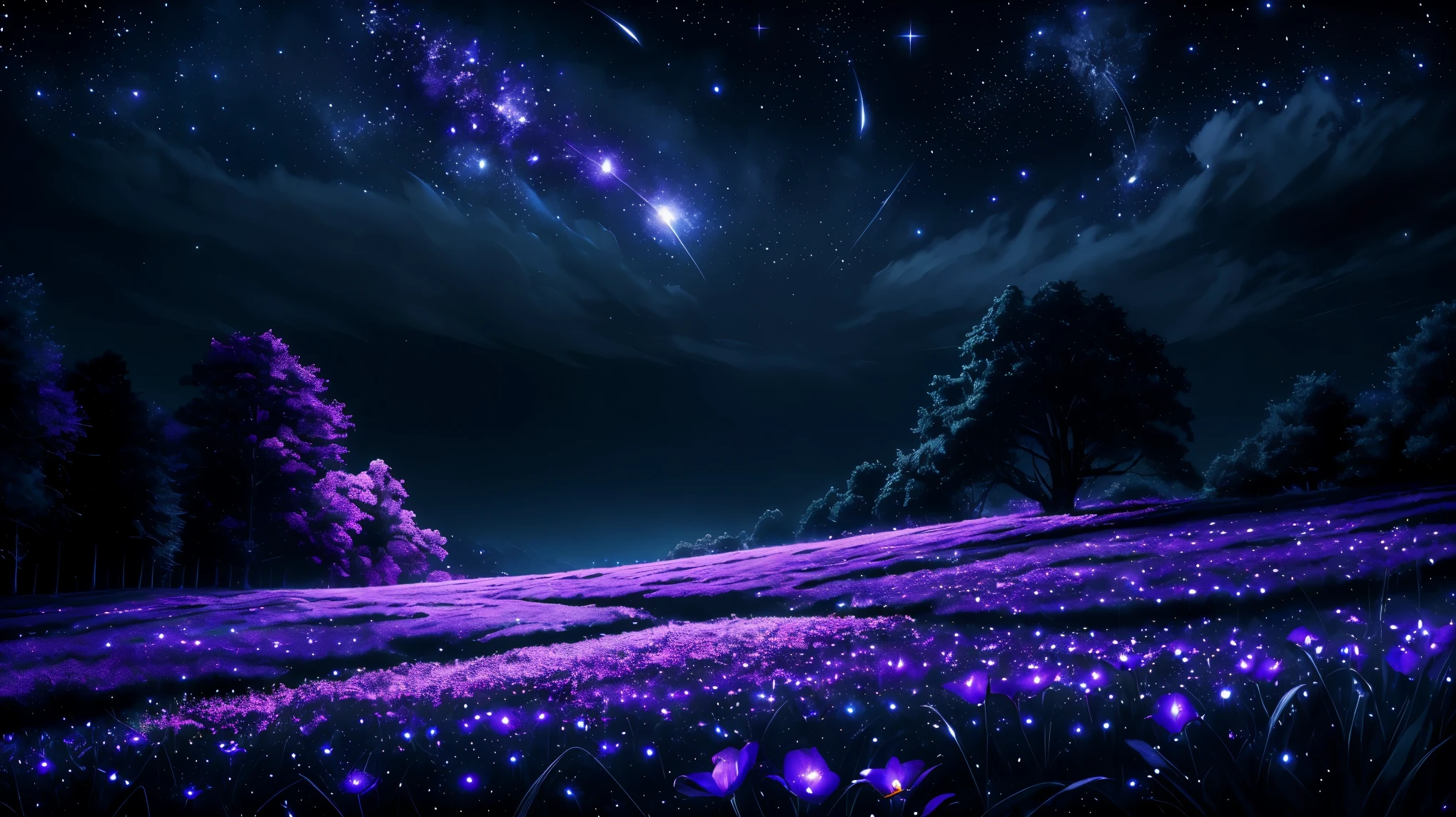 landscape, moonlight, night time, stars, fireflies, flowers. night time, magical, fantasy, mythical, 4k, 8k, extremely clear, masterpiece, field of depth, hdr, detailed, hyper quality, vibrant, sharp focus, good composition, vivid, bright colors, high contrast,
