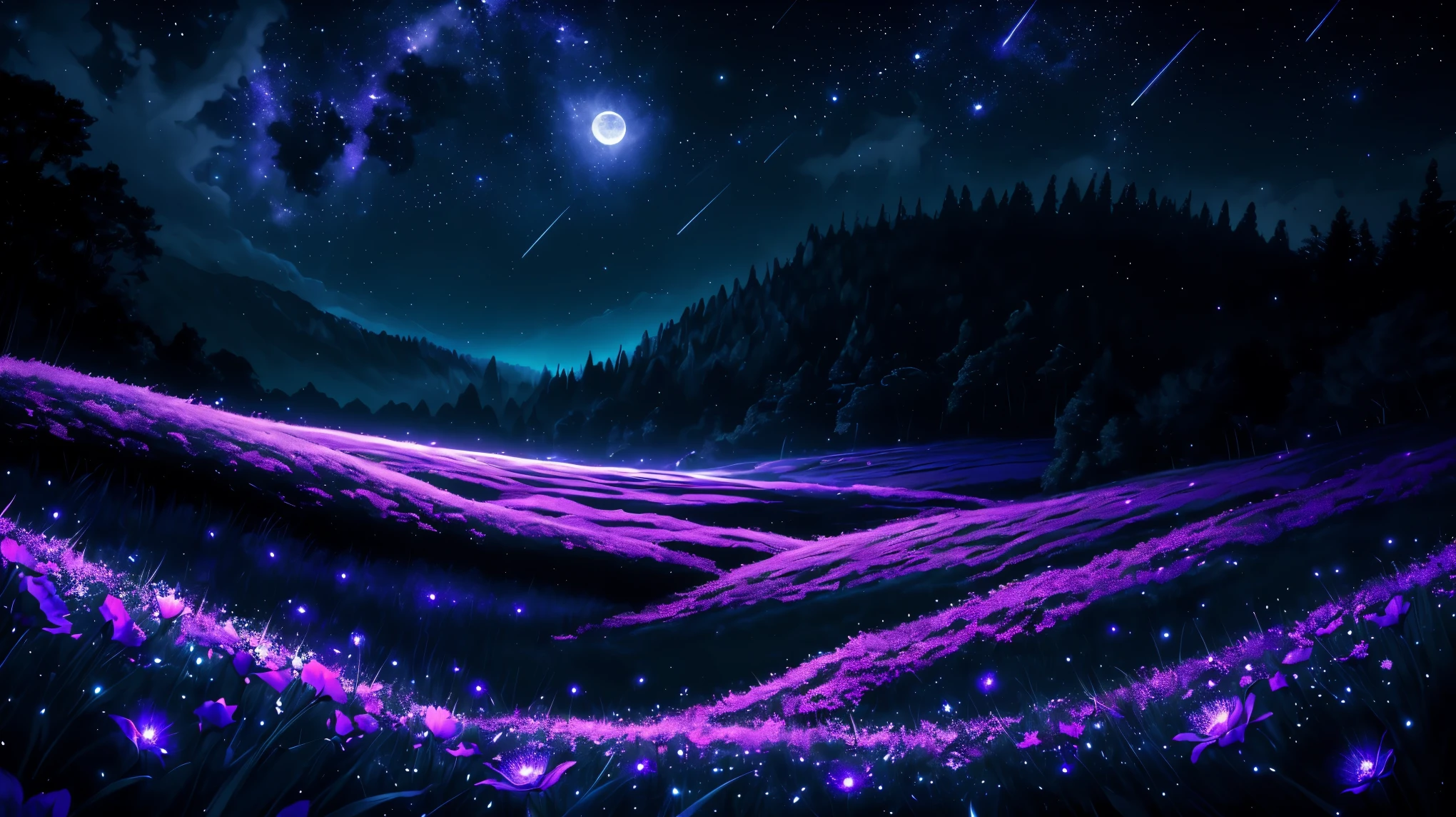 landscape, moonlight, night time, stars, fireflies, flowers. night time, magical, fantasy, mythical, 4k, 8k, extremely clear, masterpiece, field of depth, hdr, detailed, hyper quality, vibrant, sharp focus, good composition, vivid, bright colors, high contrast,
