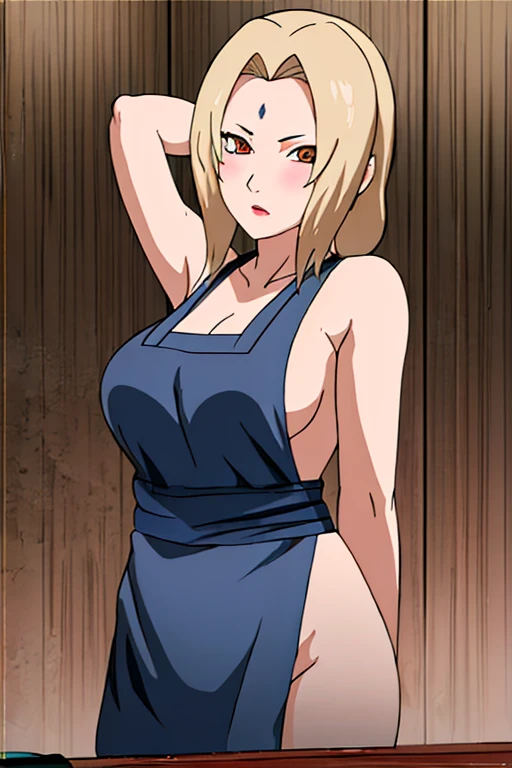 masterpiece, absurdres , (intricate details), (colorful),cinematic lighting,bust shot,extremely detailed CG unity 8k wallpaper,1girl, Tsunade,forehead mark,washing machine,, naked apron, kitchen, arms behind back, blush, looking at viewer,cooking