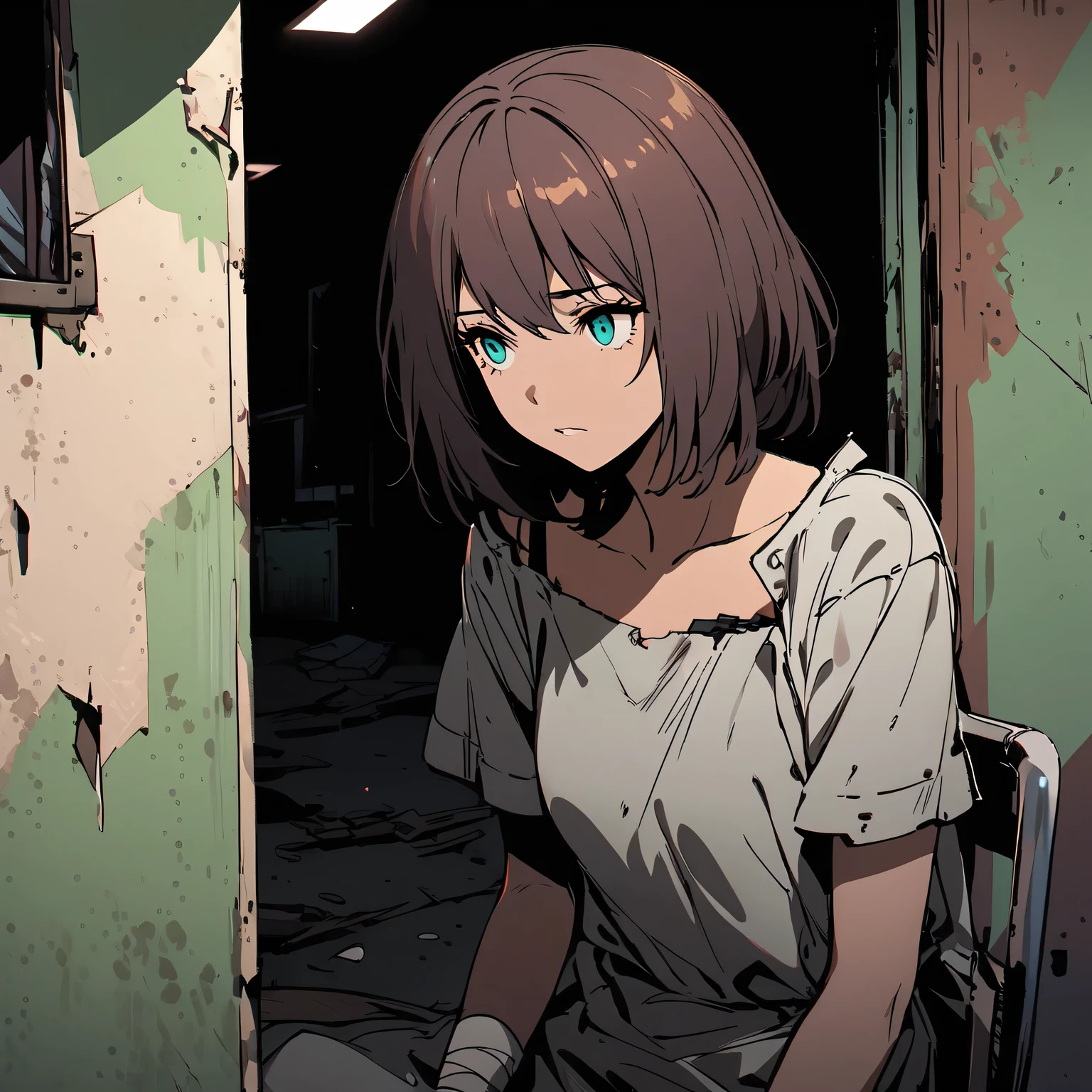 dark - comic-style:post-apocalyptic wasteland,desolate hospital,barren landscape,dusty atmosphere,overgrown with weeds,ruined buildings,crumbling walls,A girl wearing worn-out nurse uniform who was injured,a stretcher,abandoned medical equipment,flickering dim lights,shattered windows,faint sunlight peeking through the cracks,silence interrupted by distant echoes,decaying furniture and belongings,mysterious medical experiments,hauntingly beautiful,empty corridors and hallways,dirty bandages,makeshift bandages,muted colors,ominous clouds in the sky,ruined cityscape in the background,hope in her eyes,scattered papers and documents,decipherable symbols on the walls,evocative art style,contrast between destruction and resilience,heart-wrenching story hidden within the scene