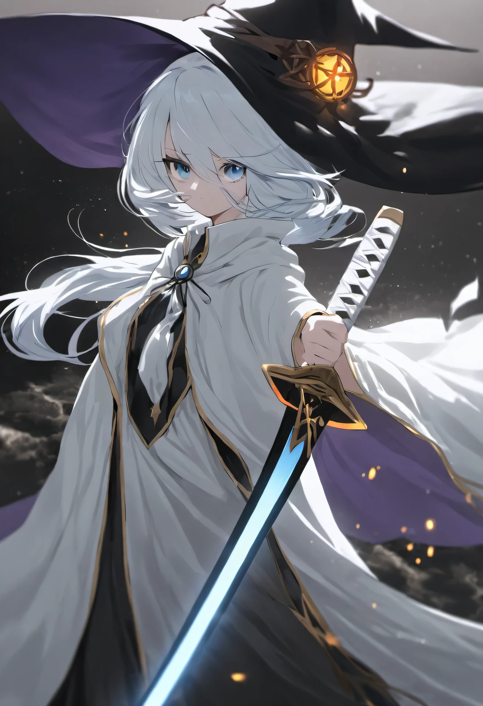 girl, great witch,black and white robes,have a sword,blue eye,white hair