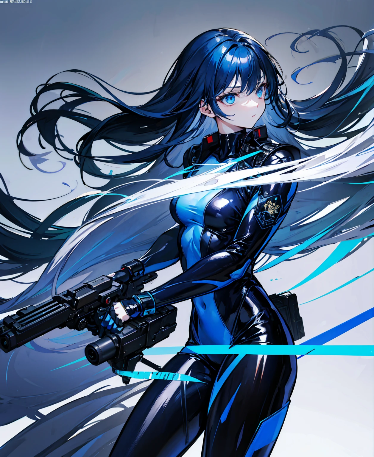 There is no background，girl，Carry a firearm，Patent leather tight suit，Use of firearms，Navy blue long hair，attention arousal，Blue colored eyes,No gradients