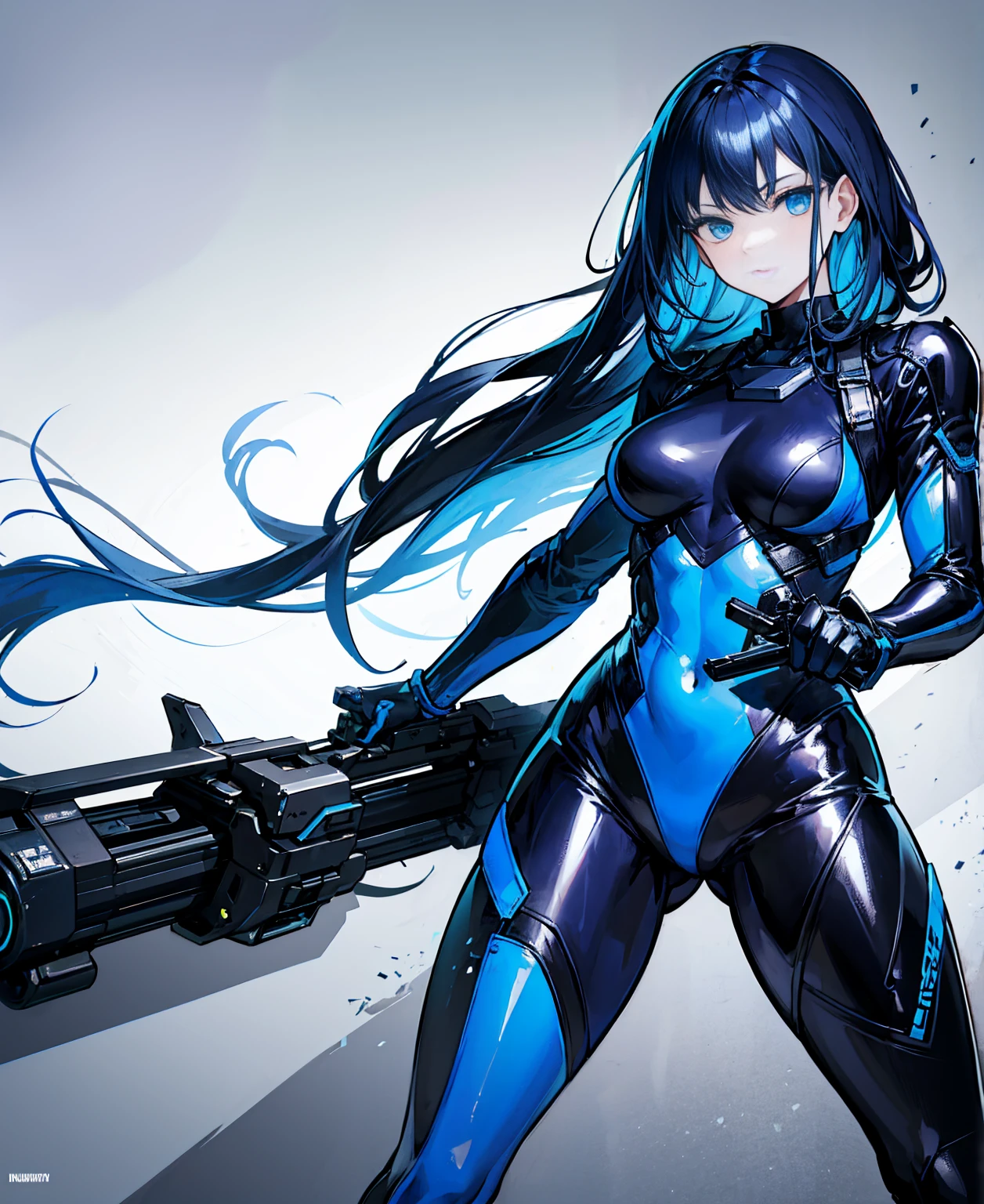 There is no background，girl，Carry a firearm，Patent leather tight suit，Use of firearms，Navy blue long hair，attention arousal，Blue colored eyes,No gradients