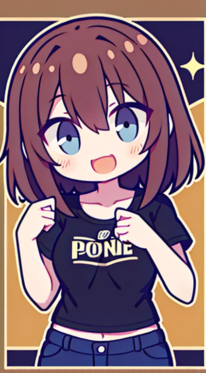 Fille seul, cheveux longs et noirs, yeux marrons fins, Tee-shirt noir, veste noir par dessus le tee shirt, pentalon noir, vue en portrait, poitrine forte, expression du visage : heureuse, souriante, excited.
