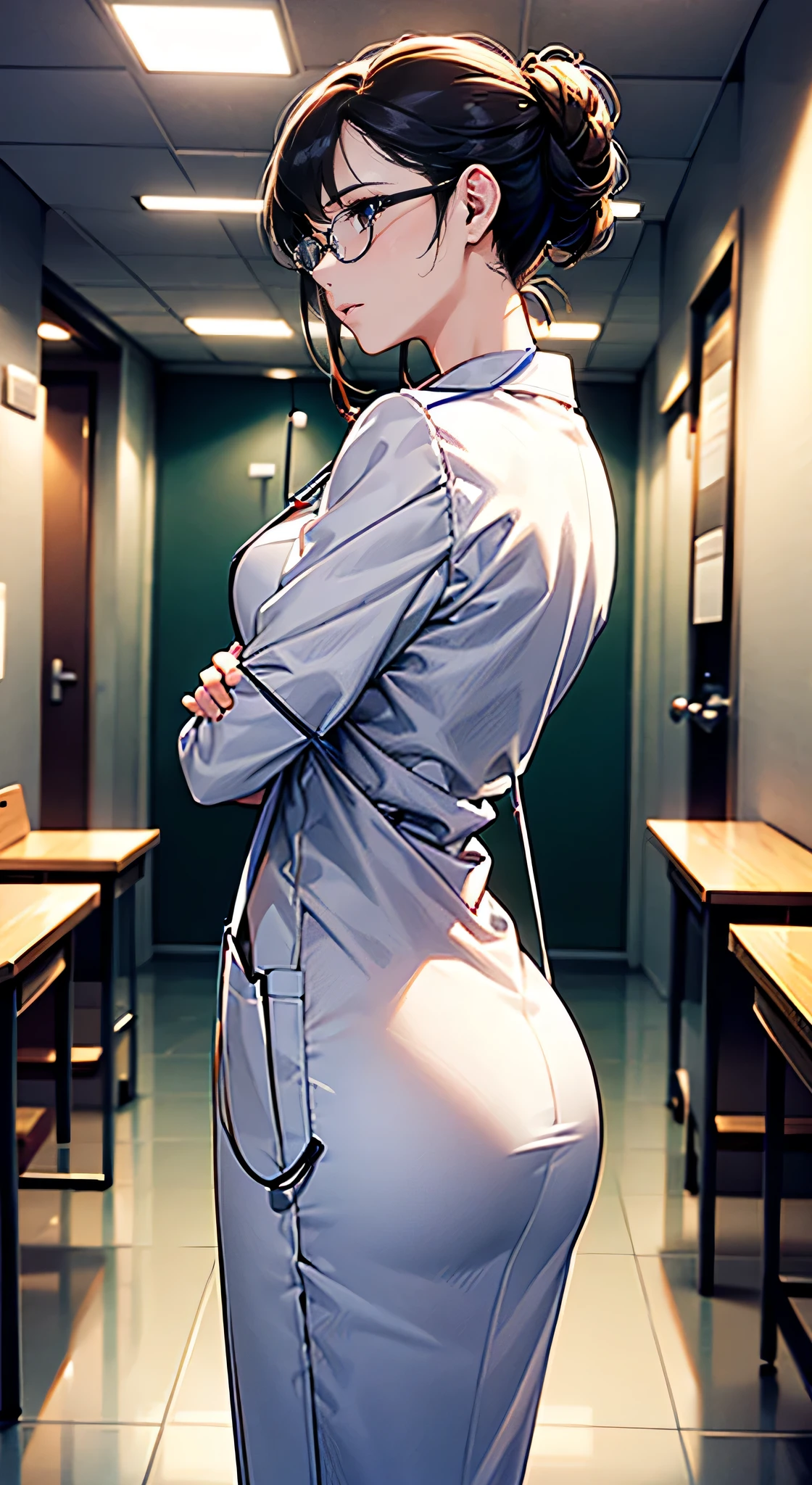 highest quality, masterpiece, 8k, Photorealist, 超High resolution, Very delicate and beautiful, High resolution, Cinema Lighting, Medium Shot, Portraiture, Perfect female body, Beautiful woman, Mature Woman, Contrasting, With my hands on my head, Looking at the audience, (Female doctor:1.6、White clothes、Stethoscope、Glasses、clean, Tied up hairstyle)、Medical Gloves、Name tag、Scrub Suits、Examination room、Medical equipment、((Standing doggy style:1.6, Hug from behind)),
