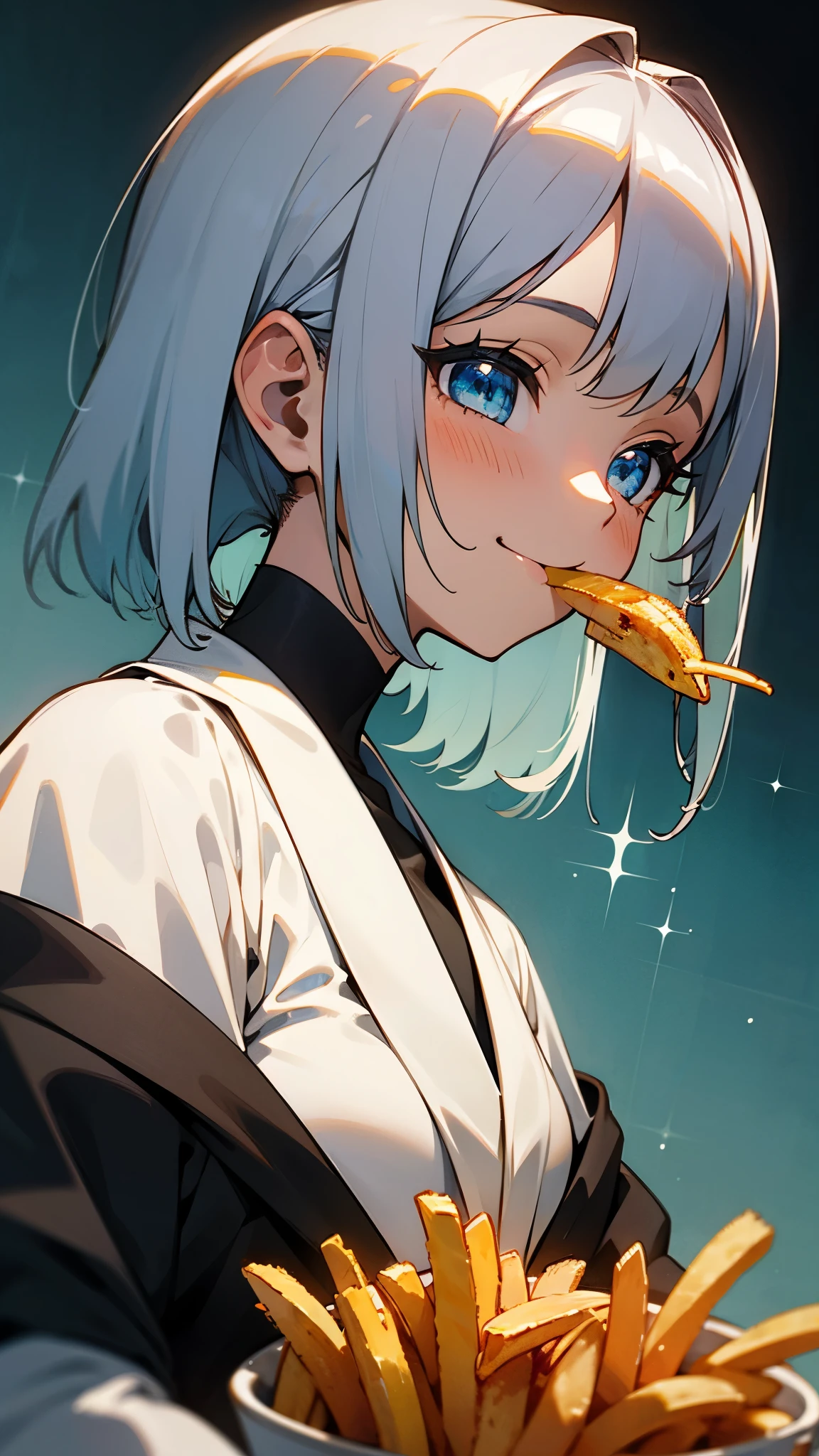 -yeld giAnime style painting、Upper body close-up、smile、From the side, impression, (Oil), Green and orange tones、Silver Hair, (Sparkling blue eyes)、Eating French Fries