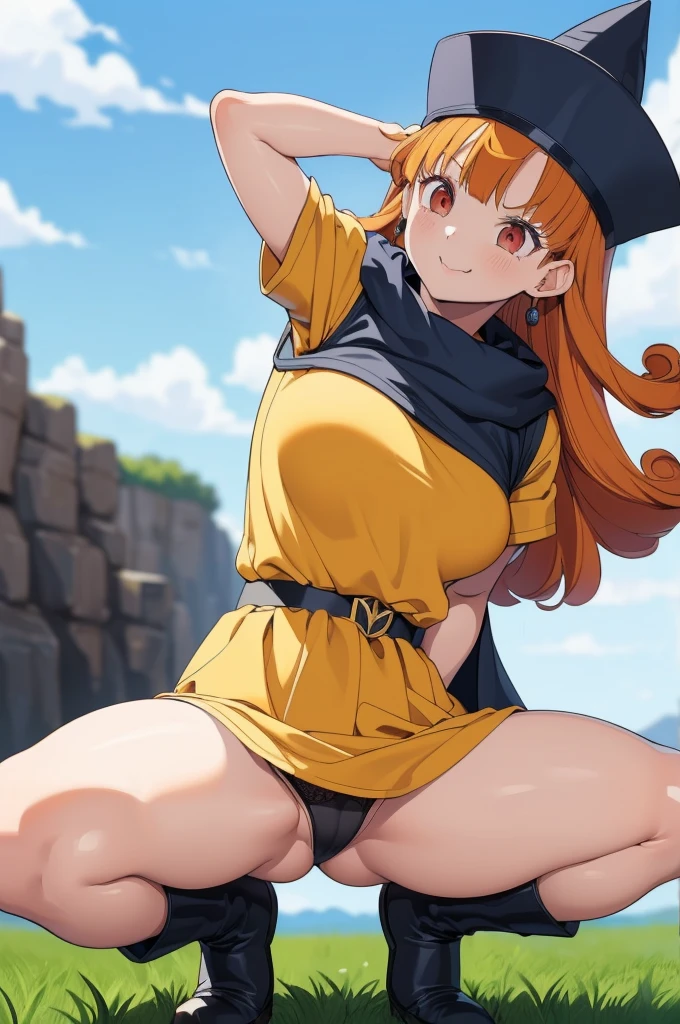 1 girl、High resolution、masterpiece、(Arena - DQ4、DQ4-Arena、Orange Hair)、smile、Squat with your legs apart、Leaning forward、Big uscular、Thick thighs、、Outdoor、grassland、Grass grows、Navy blue hat、Cape、Yellow Mini Dress、boots、(((細かい装飾が施された性的なBlack panties)))、shot of her from below、Black panties、Black bra、Too big breasts、Too big butt