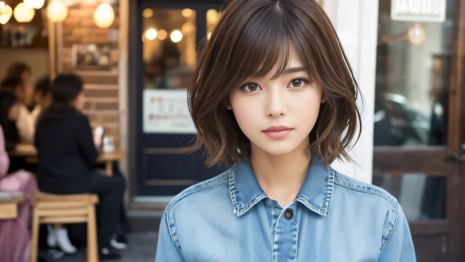 super high quality, Fashion Model, Short Hair, Slender, (8k、RAW Photos、highest quality、masterpiece:1.2), Japanese Idol, Serious expression, Shaggy, brown hair, Stylish café, Fashion magazine shooting, The cafe is crowded with people enjoying themselves., (Realistic、Photorealistic:1.37), Beautiful Face , Mesh Hair, Normal chest, Urban Cafe, A gentle gaze, Spring Clothes, Beautiful hairstyle, Neat clothes, Denim shirt,