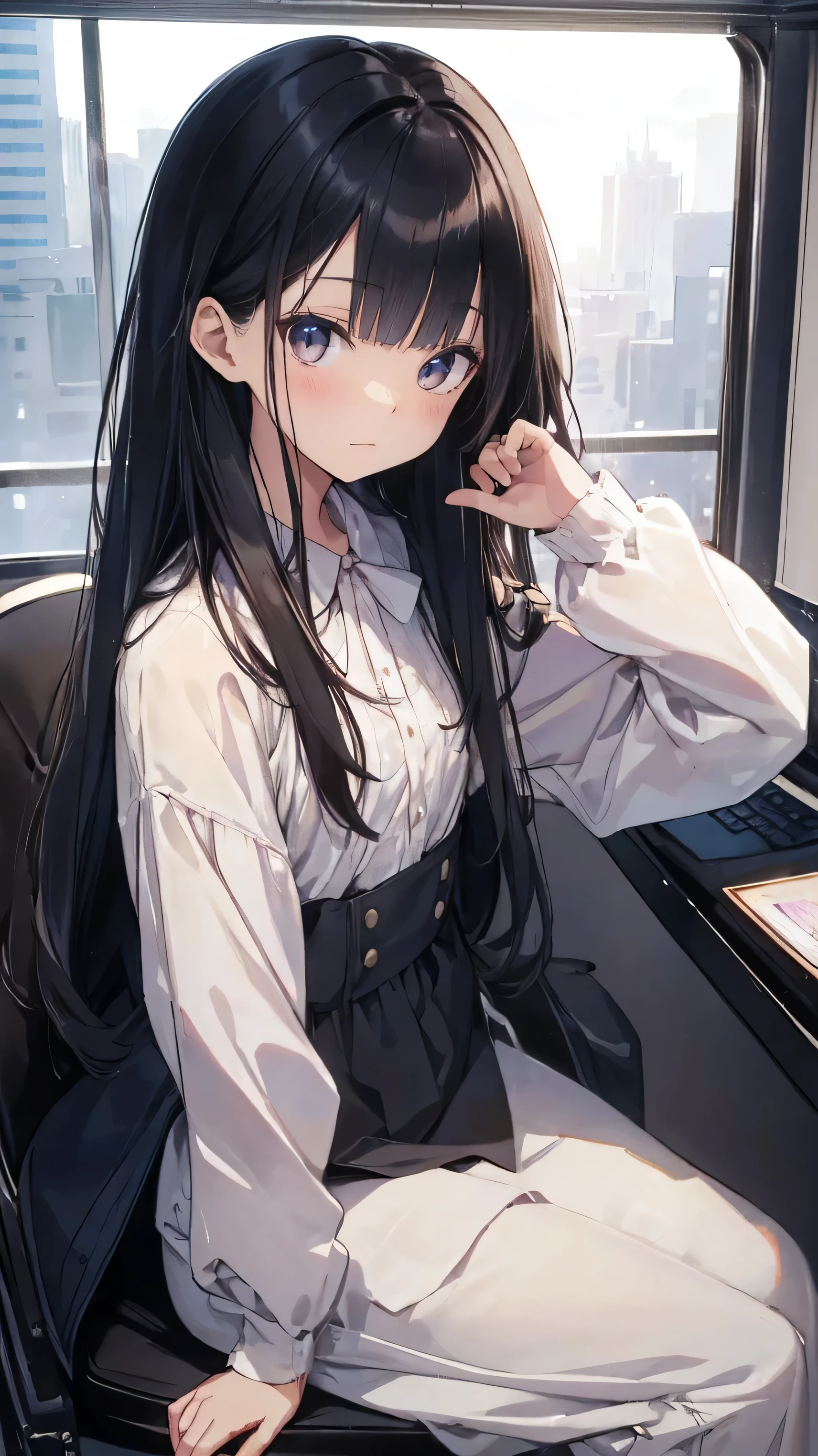 Masterpiece、Highest quality、highest quality、Black Hair、(((Lori)))、 ((Petite))、Shiny hair quality、Small face、Sitting、Super detailed, beautiful, wide eyes、Ultra-detailed, clear and beautiful faces、(cute illustration:1.2), High-resolution, ultra-detailed, best quality, embarrassed