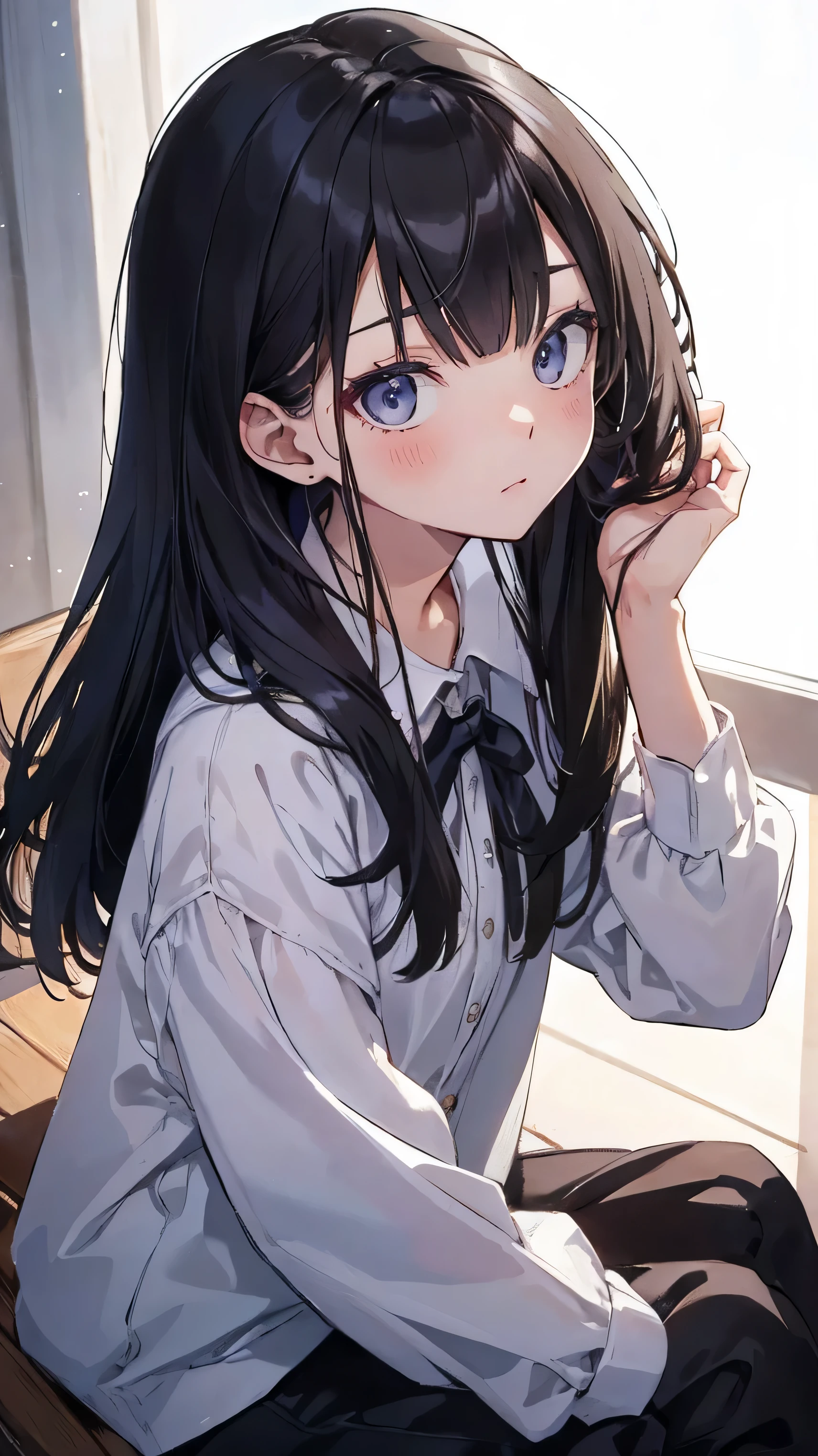 Masterpiece、Highest quality、highest quality、Black Hair、(((Lori)))、 ((Petite))、Shiny hair quality、Small face、Sitting、Super detailed, beautiful, wide eyes、Ultra-detailed, clear and beautiful faces、(cute illustration:1.2), High-resolution, ultra-detailed, best quality, embarrassed

