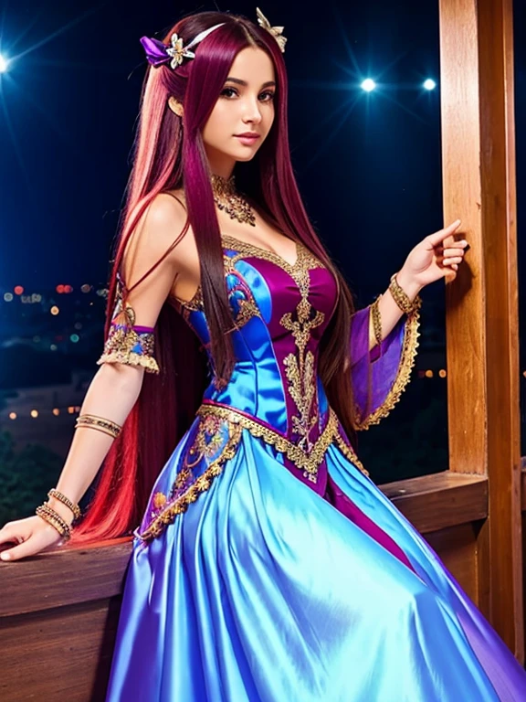 1girl, long hair, bright hair color, seductive eyes, mysterious expression, mature appearance, charming dress, flowing dress, elegant jewelry, intricate decoration, magic symbols, glowing accessories, potions, scrolls, cute accents, bows, ribbons, flowers,