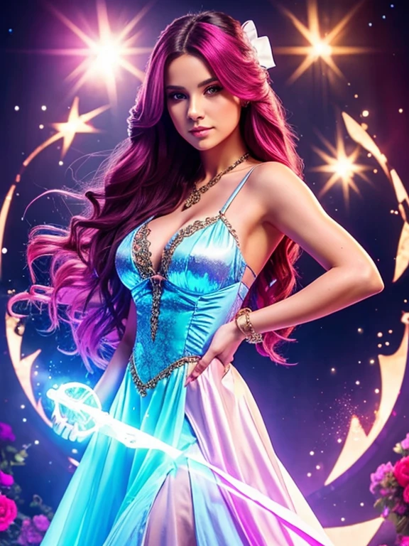 ((magical girl)), ((gorgeous starry sky background)), ((ultra-detailed)), ((cinematic lighting)), dynamic angle, (huge breast:1.2),floating, finely detailed, (glitter:1.2), (sparkle:1.2), (shine:1.2), classic, (painting:1.1), (sketch:1.1), (best quality), (masterpiece:1.2), (solo), beautiful detailed face, colorful hair, (long hair:1.2), (floating hair:1.2), (magical girl outfit), detailed outfit, (magical effects:1.3), (flowing skirt:1.2), (cute boots:1.1), (transparent fabric:1.1), (twinkle:1.2), (glow:1.2), (radiance:1.2), (flicker:1.2), (dazzle:1.2)