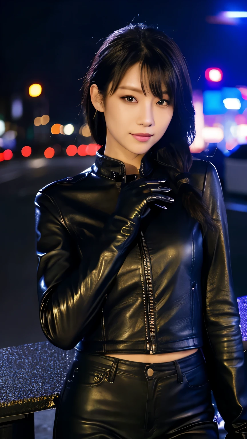 black leather rider jacket, Office in the Dark, Black leather gloved fingertips on both hands,Wearing black leather gloves,Sitting in a black leather chair、 Japanese female new recruits (Black leather gloves cover both hands) (The angle is horizontal)、Black Leather Pants,Black Leather Black Leather Pants,Black Leather Skinny Pants、Long black leather boots on both feet、Black hair ponytail ((He wears black leather gloves on his hands))Full Body Photo,full body shot full body full body leather suit,☺If you turn in this direction。Wearing black leather gloves,Wearing black leather gloves,Wearing black leather gloves,Wearing black leather gloves,Wearing black leather gloves,Wearing black leather gloves,黒のレザーパンツが美しい😍黒のレザーパンツが美しい😍黒のレザーパンツが美しい,😍Smiling while looking at me,City lights、((Neon Cyberpunk City Street:1.3))、(Neon Light)、Detailed lighting、
Best image quality、Ultra-high resolution、(realism:1.4)、Korean Beauty Star、The most beautiful KPOP stars、face、Horny Korean Makeup、A body that makes you want to touch it、Realistic leather texture、Costume made of smooth leather fabric、The drape of the curved parts of the leather fabric、The costume has a strong shine、costume quality、8K Photo Quality