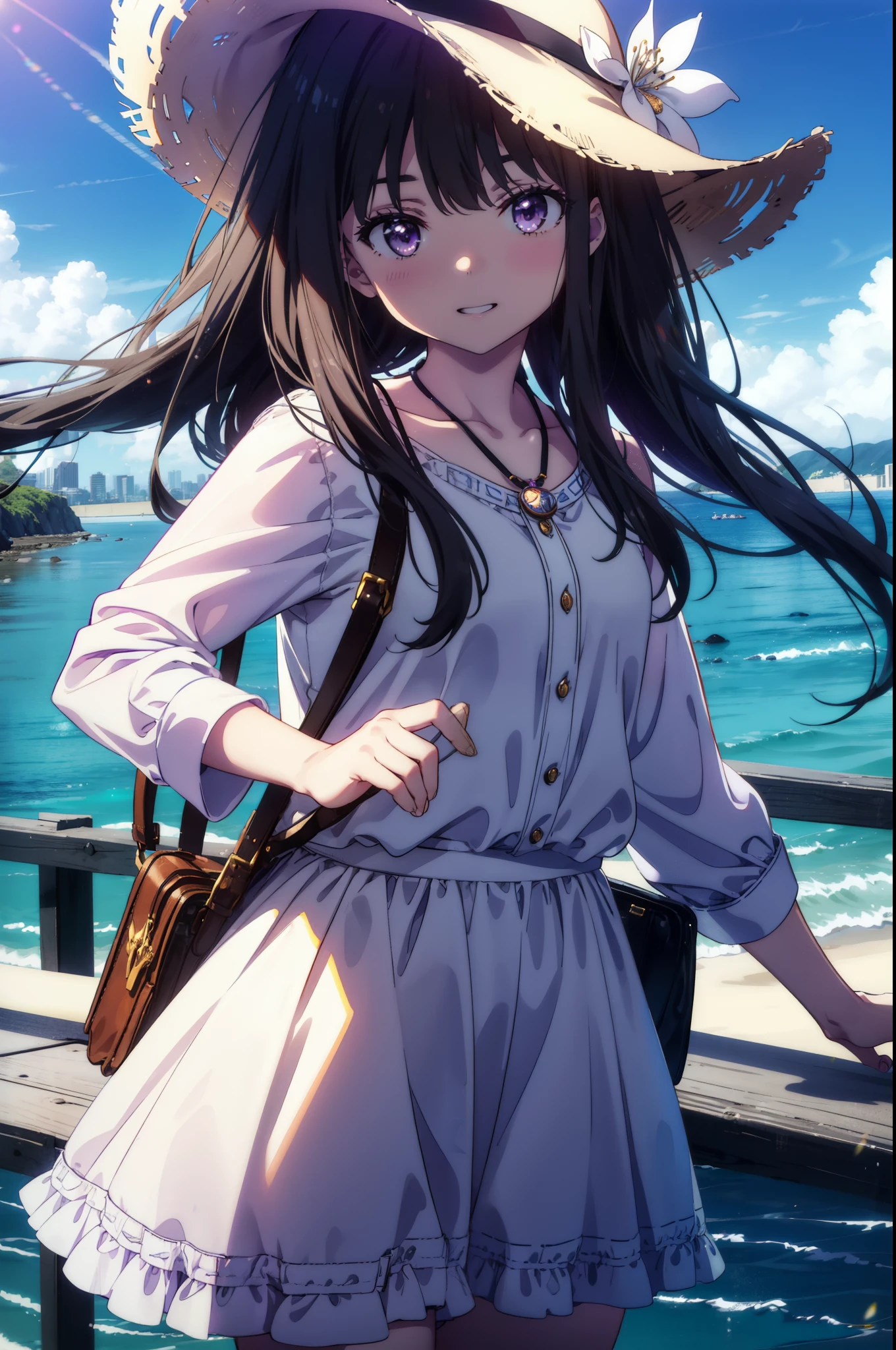 Takiuchi, Inoue Check, Long Hair, bangs, Black Hair, (Purple eyes:1.2),happy smile, smile, Open your mouth,smile,blush,Blue long skirt one-piece dress,No sleeve,Bare arms,Rocket Pendant,Cute Sandals,White hat,True Summer,Clear skies,So that the whole body goes into the illustration,
break outdoors, Coastal Road,City Street,
break looking at viewer, (Cowboy Shot:1.5),
break (masterpiece:1.2), highest quality, High resolution, unity 8k wallpaper, (figure:0.8), (Beautiful fine details:1.6), Highly detailed face, Perfect lighting, Highly detailed CG, (Perfect hands, Perfect Anatomy),