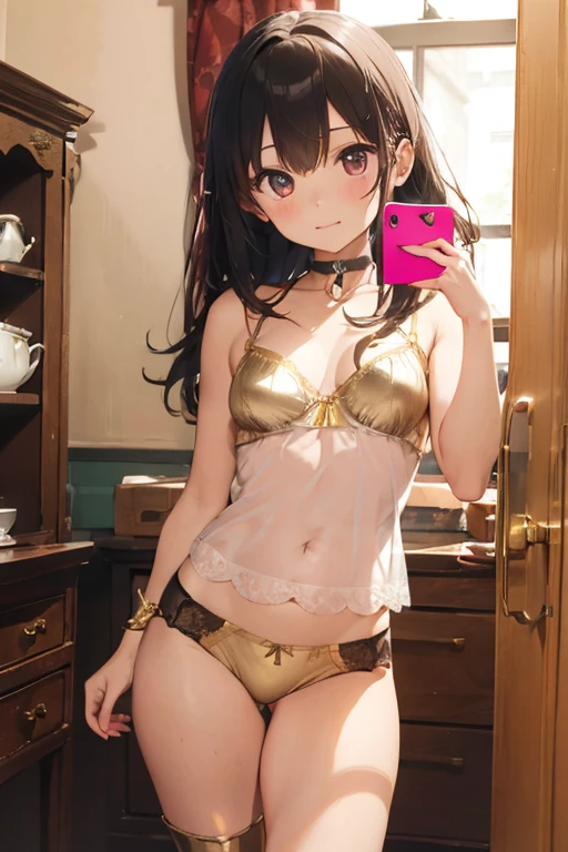 (masterpiece),High precision,1.7,Young body shape,Black Hair,Flat Chest,Pink areola,Erect nipples,,Natural light, Realistic, Diffuse Light, From directly below, (My underwear is see-through 1.3,Shizuka-chan cut, (camisole:1.3), Flat Chest,Small breasts,(Shiny metallic gold panties),,Gold Corset,choker,Gold Long Gloves,gold boots,(Embarrassing),(Antique furniture)).During tea time,Take a selfie with your smartphone
