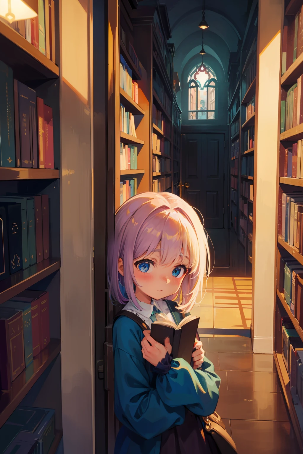In the enchanting Disney style, a , cute girl with rosy cheeks and twinkling blue eyes stands before an old, mysterious wooden door. The door creaks open as she pushes it gently, revealing a magical indoor library bathed in soft, warm glow. Vibrant colors dance across the bookshelves, each one filled to the brim with tales of wonder. She gazes at the vast collection with awe, her small hands reaching out to brush against the edges of a few books. The air is thick with the sweet scent of old pages and magic, inviting her to lose herself in the depths of the stories within. The library extends far back into the darkness, the only sound being the