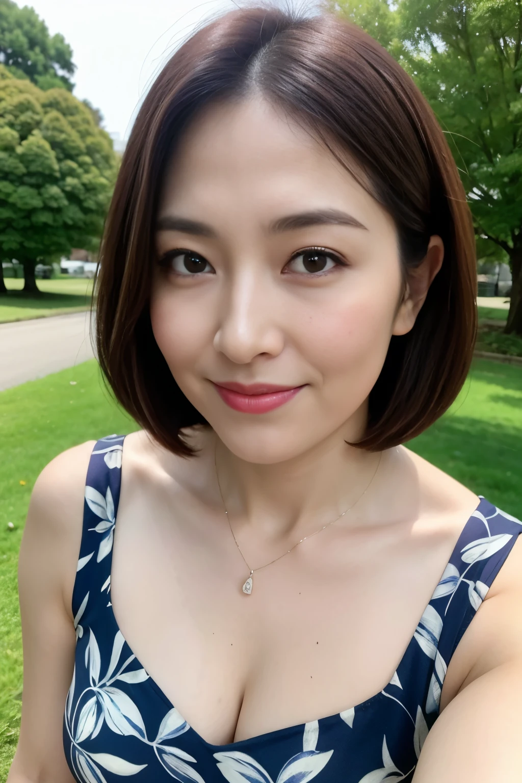 highest quality, masterpiece, High resolution, Photorealistic, RAW Photos, 8k wallpaper, perfection, ((One beautiful woman)), 40 years old, Sexy Woman, ((Gorgeous printed dress)), Cleavage, Upper Body, ((View your viewers)), Detailed face, Beautiful Eyes, ((Look forward)), (Sit upright without leaning forward), sitting on a park bench, Thighs, bangs, Shapely breasts, Straight hair, Short Bob Hair, Plump and glossy lips