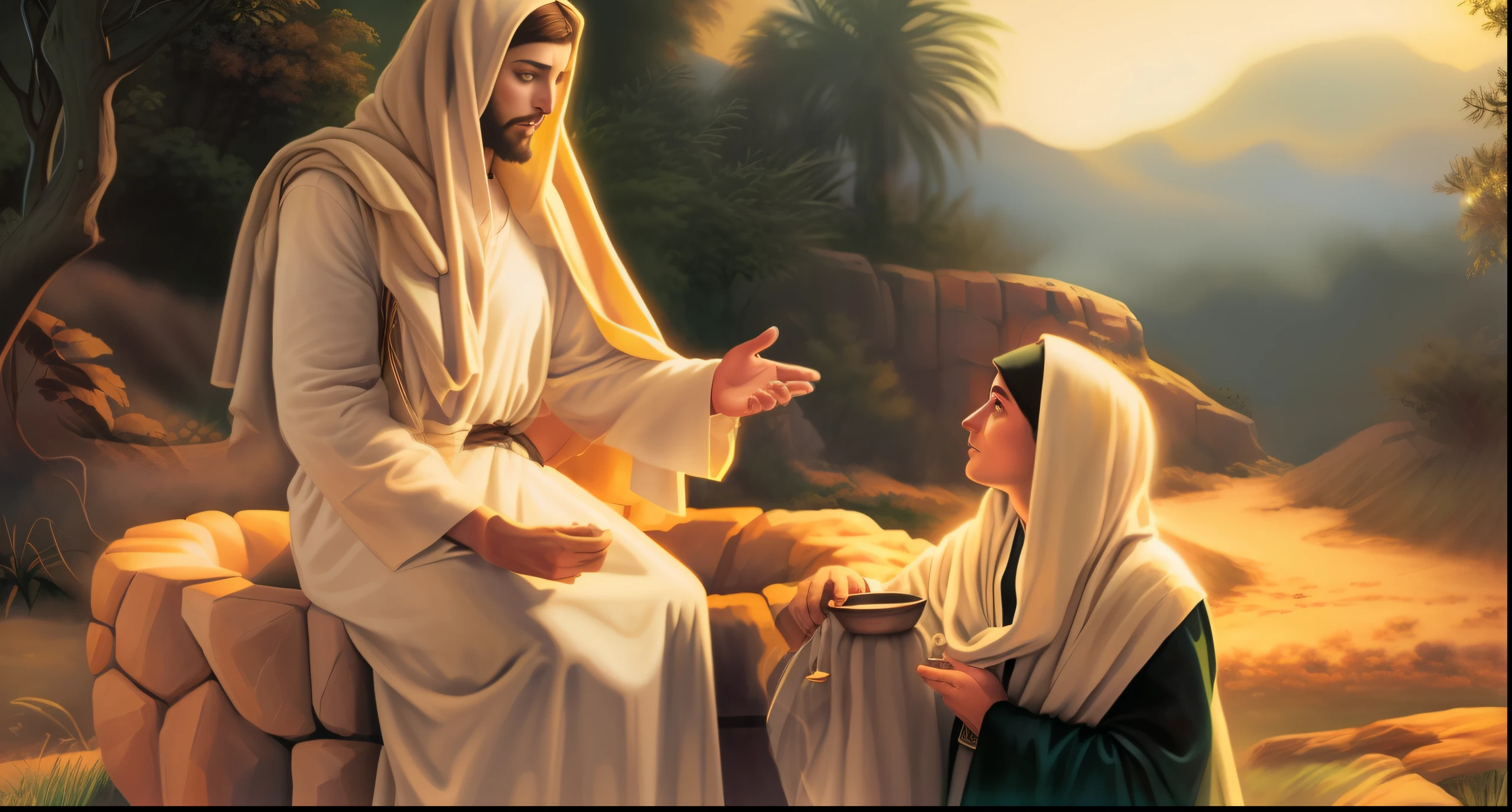 Uma pintura de Jesus e uma mulher sentada em uma rocha, beautiful depiction, reconfortante e familiar, foto descoberta, A cena mais bonita, beautiful image ever created, biblical image, foto muito bonita, bela cena, Christian art, obra-prima muito bonita, O Senhor e Salvador, imagens religiosas, he is greeting you warmly, jesus of nazareth, Jesus, Obra-prima maravilhosa