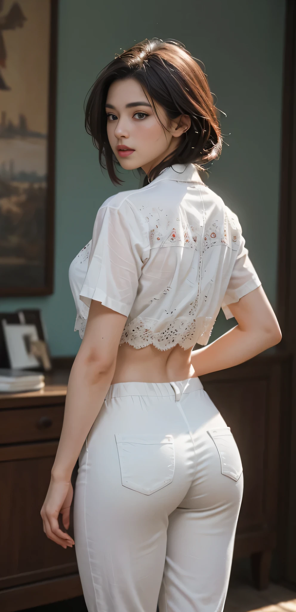 (Masterpiece), Mature girls, Sexy, back, Floral lace panties, Natural light, Photorealistic, Carmelto, Diffused light, Depth of field, White skirt, steams, (lift skirts)